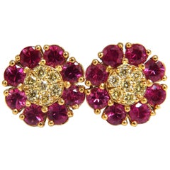 2.51 Carat Natural Fancy Yellow Diamonds Ruby Cluster Earrings 14 Karat