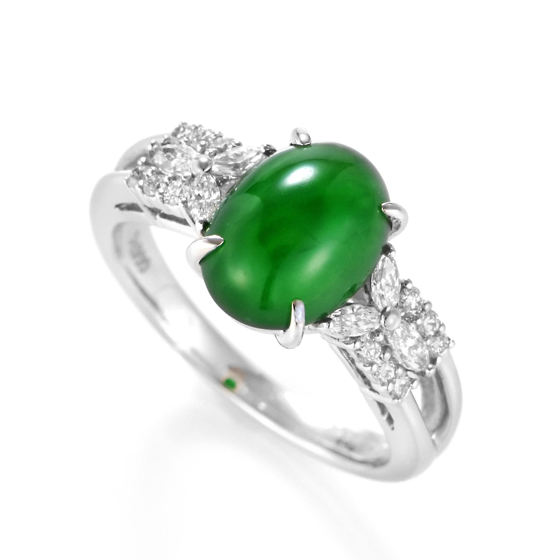 A beautiful Ring featuring a 2.51 Carat, Natural, Non-dyed Jadeite and 0.29 Carats of Diamond Accents set in Platinum. Jadeite has been cherished for millennia. Its nature is pure and enduring, yet sensuous and luxurious. Jadeite’s exceptional look