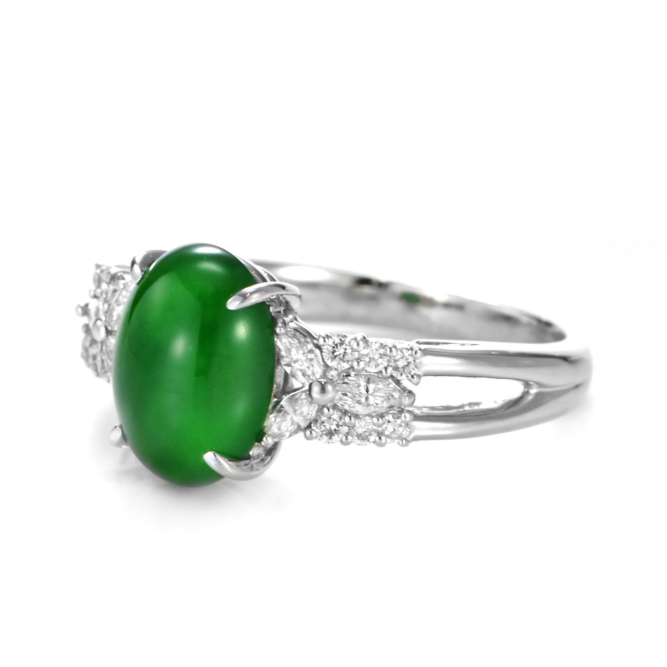 Cabochon 2.51 Carat Natural Type A Jade and Diamond Halo Ring Made in Platinum For Sale