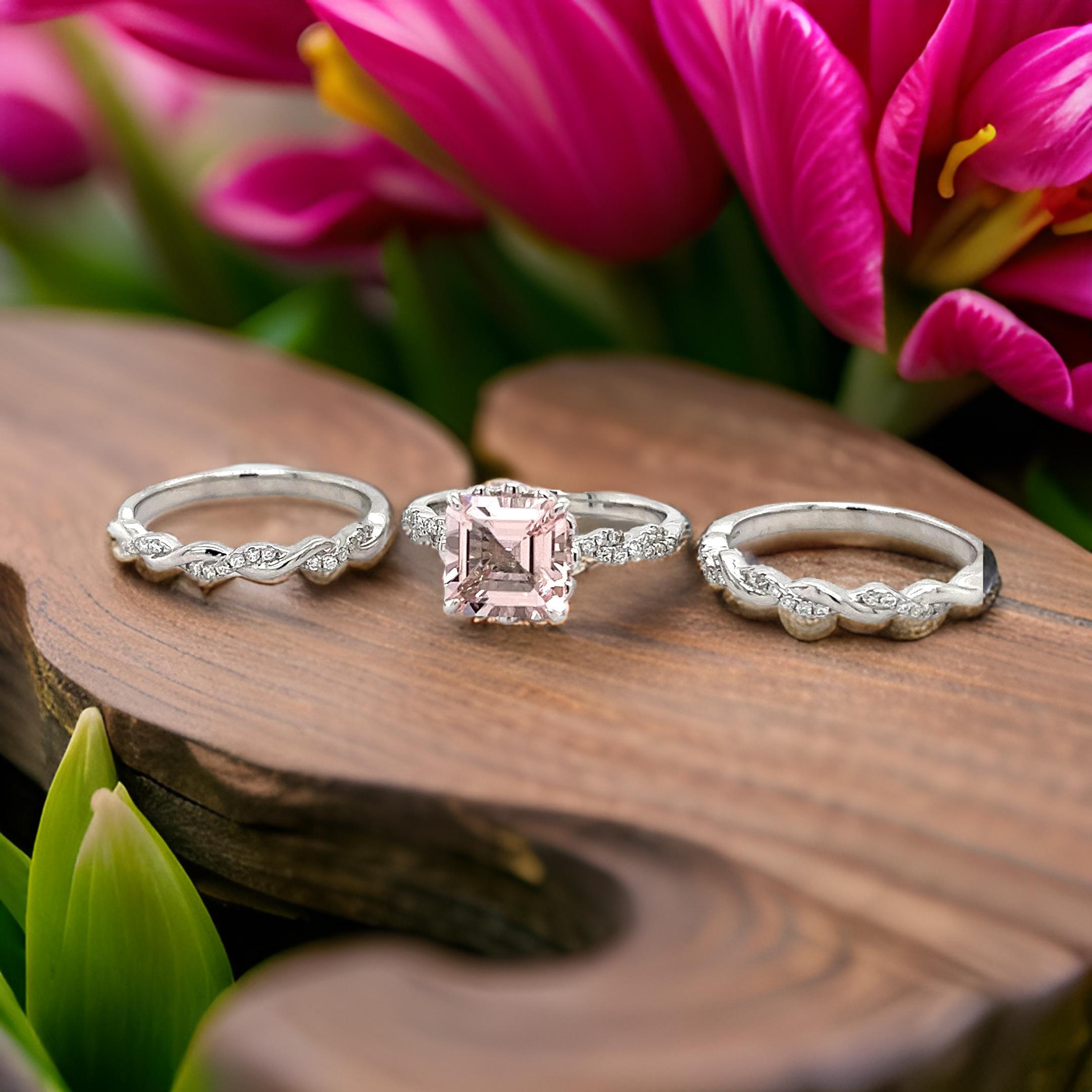 Art Deco 2.51 Carat Octagon Cut Pink Morganite Diamond White Gold Engagement Ring For Sale
