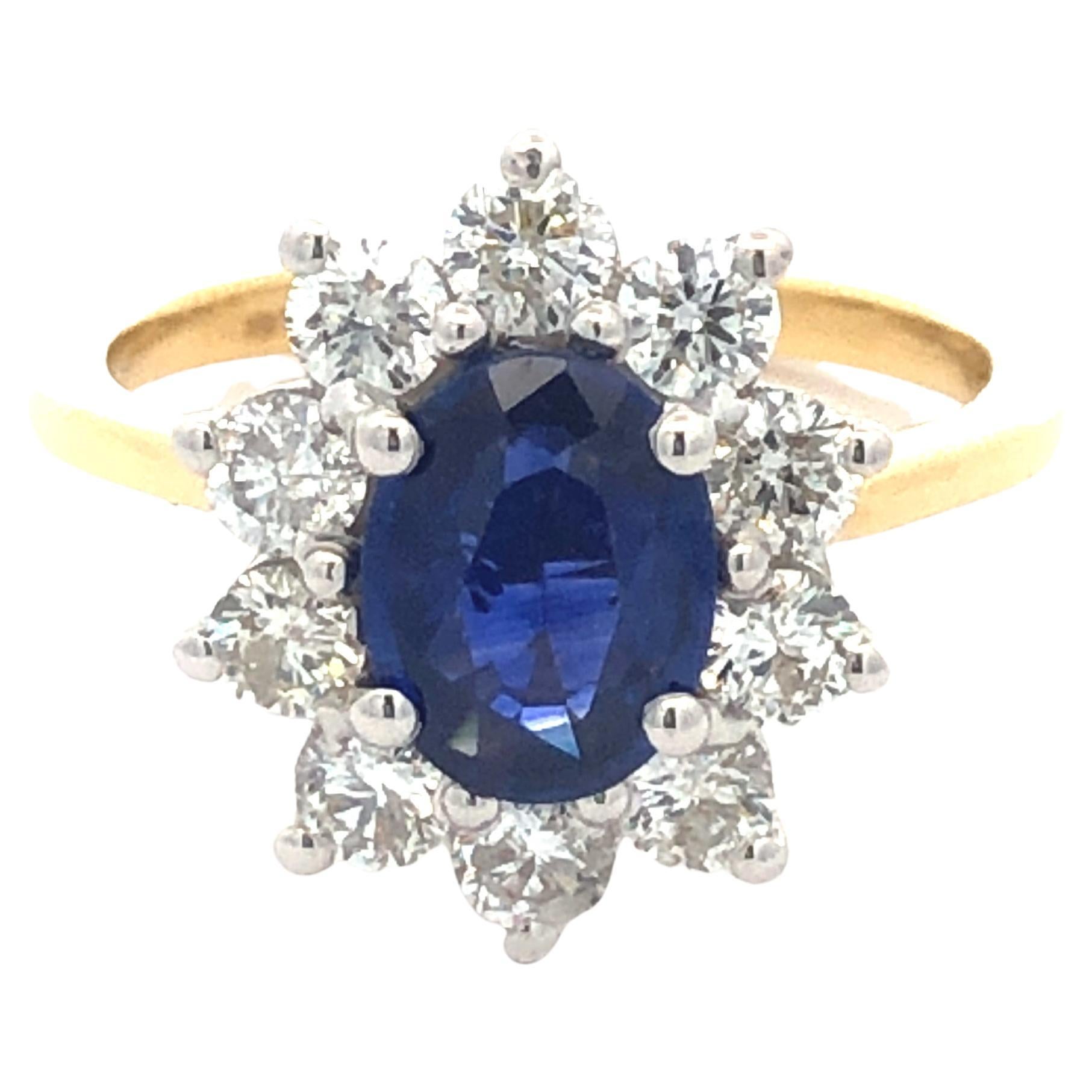 2.51 Carat Oval Blue Sapphire Round Diamond Hasbani 18Kt Halo Engagement Ring For Sale