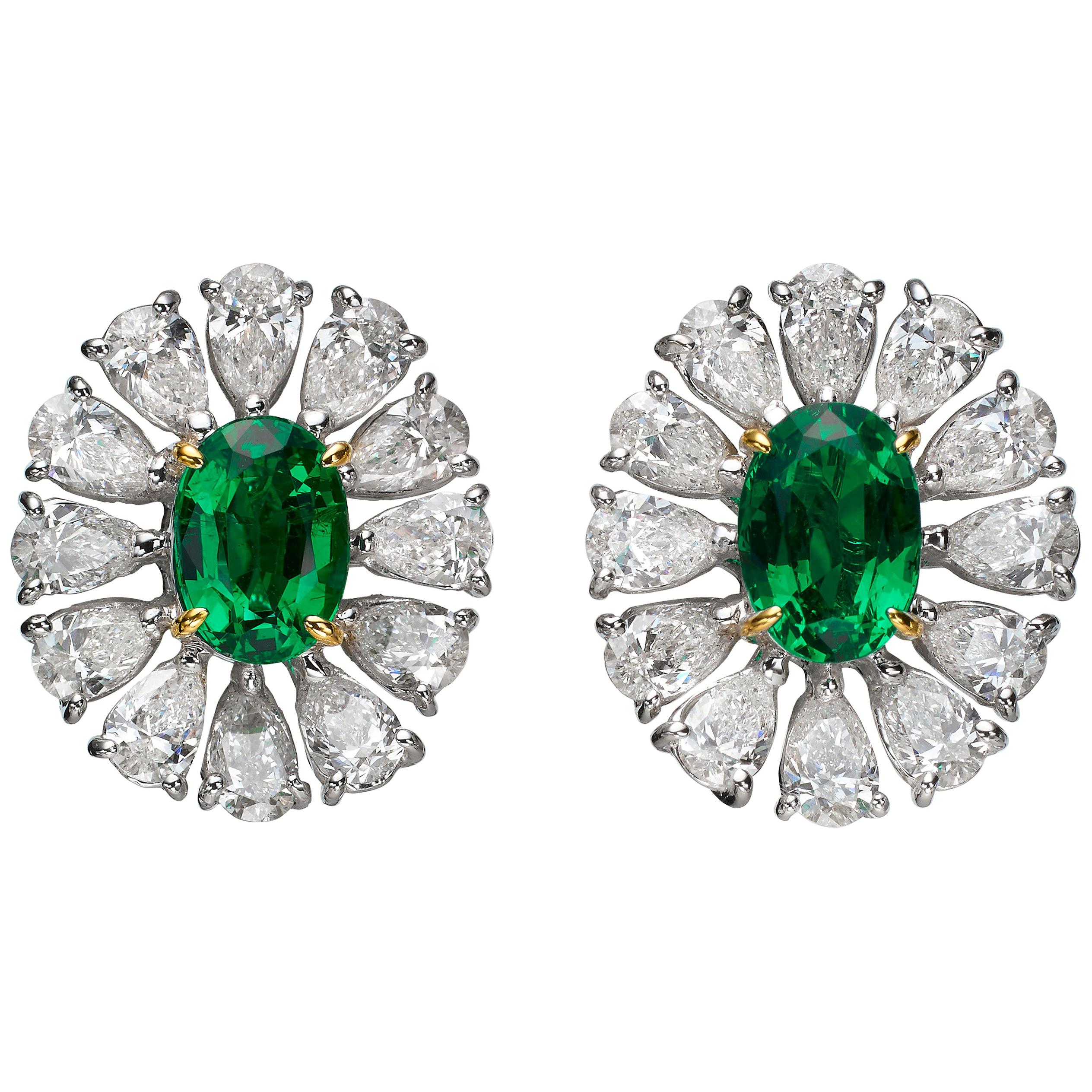 2.51 Carat Oval Emerald Pear-Shape Diamond 18 Karat White Gold Stud Earrings