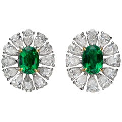 2.51 Carat Oval Emerald Pear-Shape Diamond 18 Karat White Gold Stud Earrings