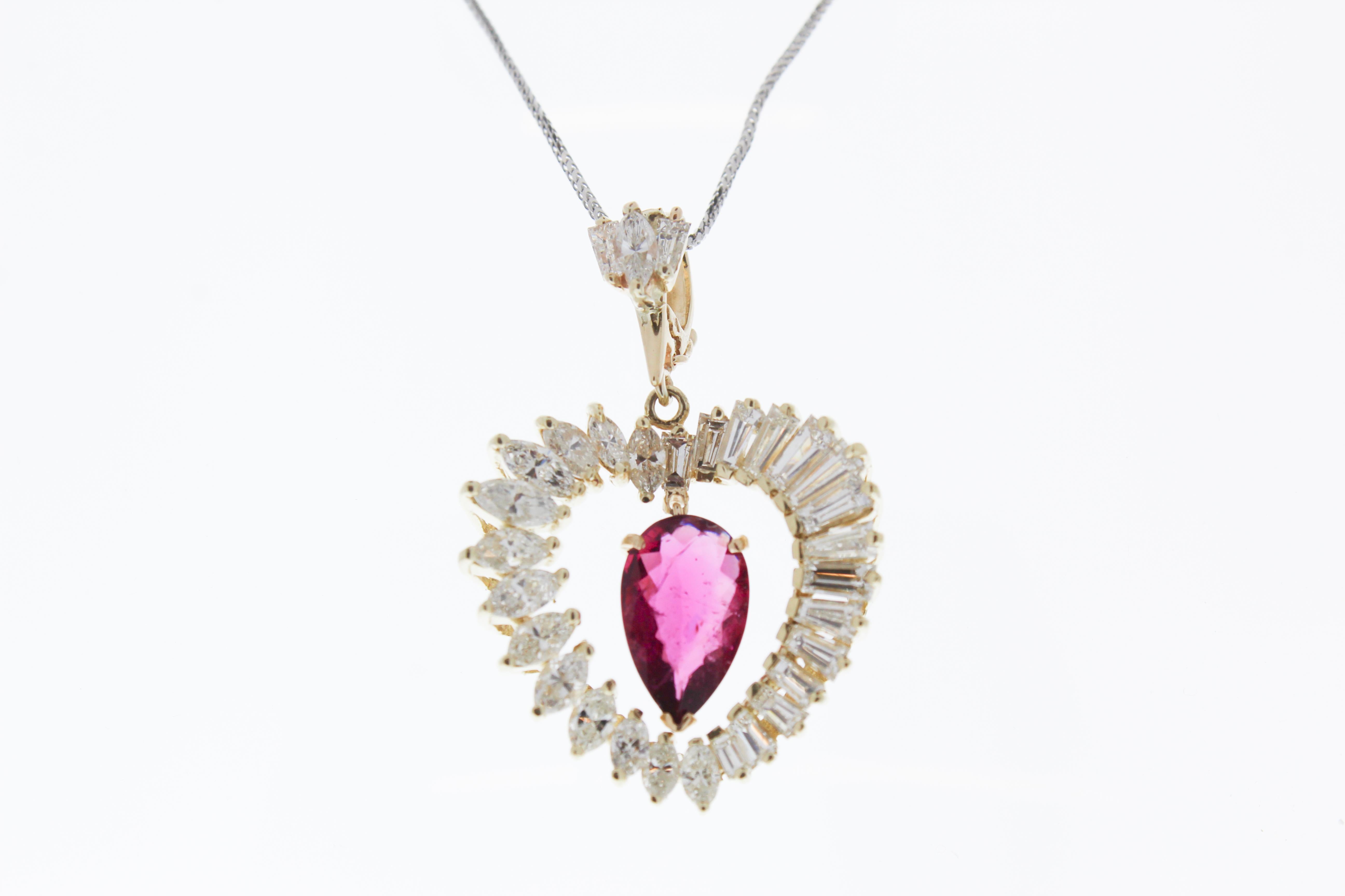 Emerald Cut 2.51 Carat Pink Rubellite Heart Shape Pendants In Yellow Gold  For Sale