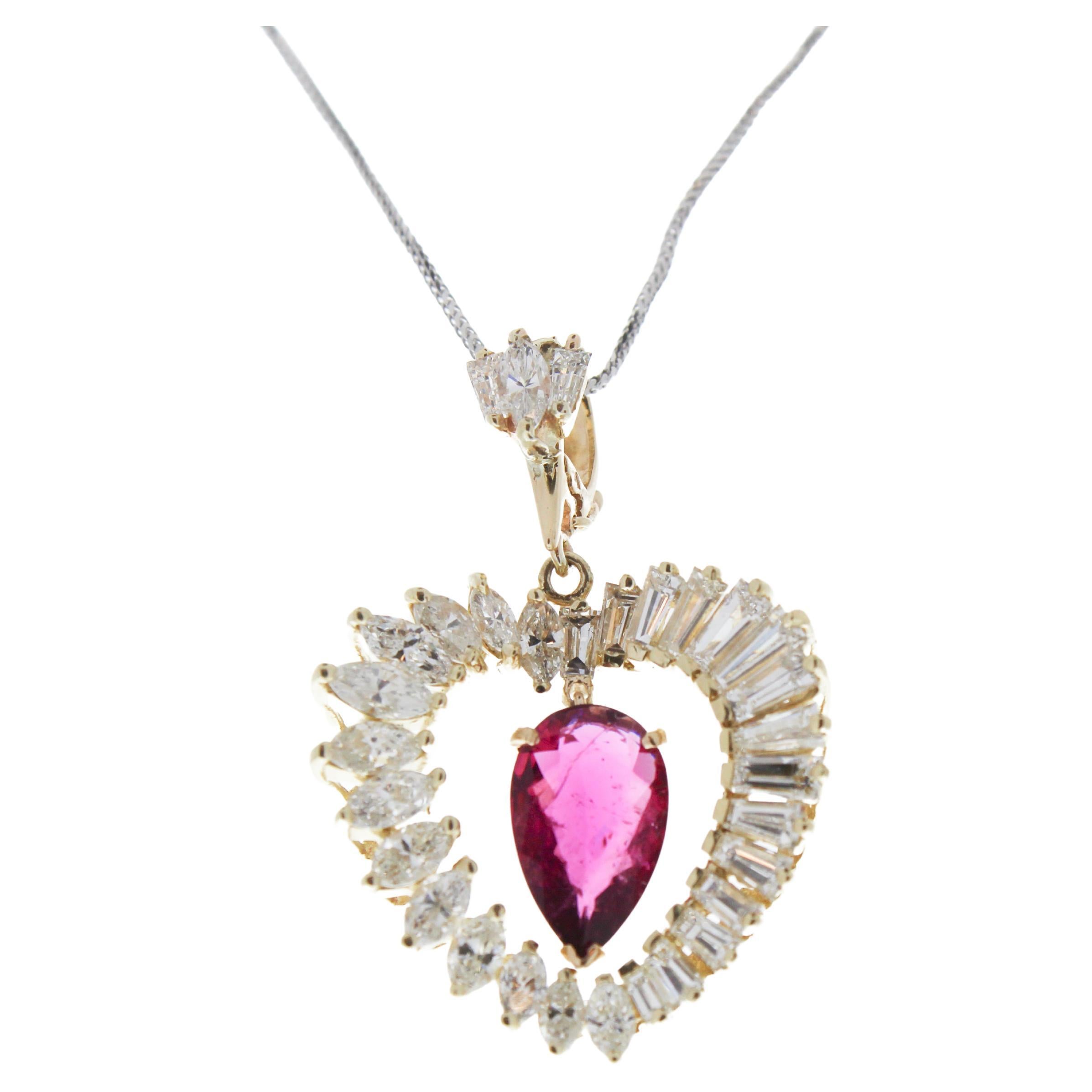 2.51 Carat Pink Rubellite Heart Shape Pendants In Yellow Gold  For Sale
