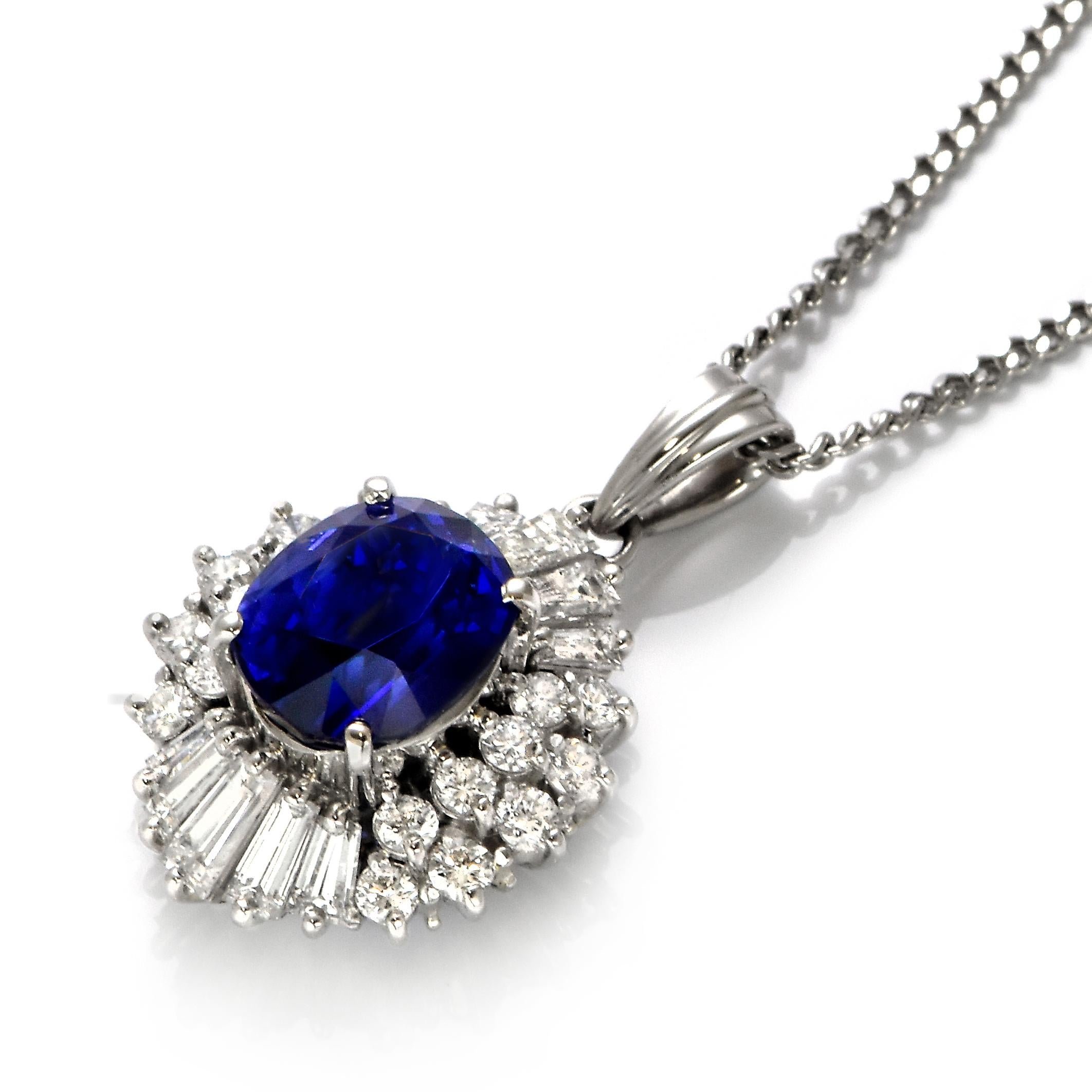 A beautiful pendant featuring a 2.51 Carat Natural Royal Blue, Sapphire and 0.95 Carats Diamond Accents set in Platinum. Sapphires have extraordinary durability - they excel in hardness as well as toughness and durability making them very popular in