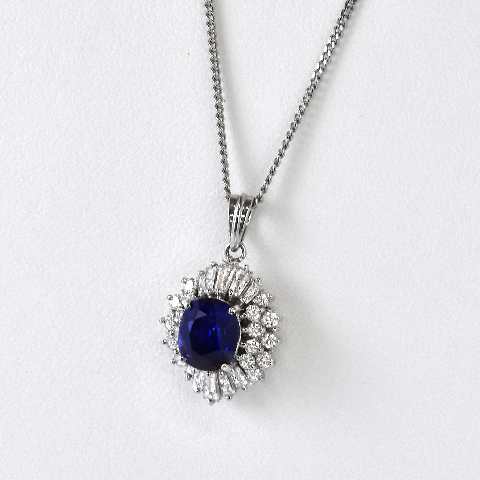 Oval Cut 2.51 Carat Royal Blue Sapphire and Diamond Ballerina Pendant Made in Platinum