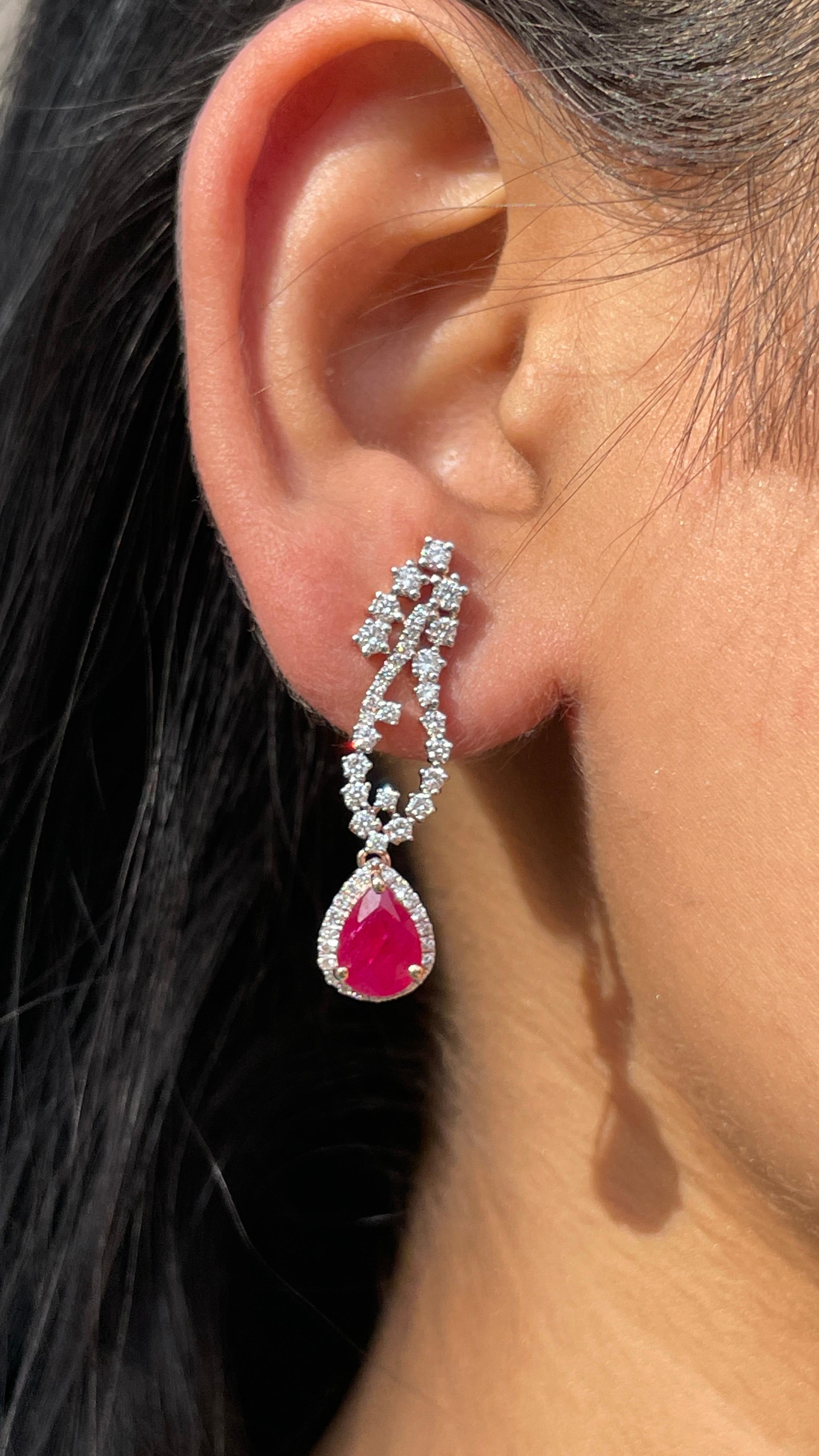 Modern 2.51 Carat Ruby Pear Drop Dangle Earrings in 14K Rose Gold with Diamonds For Sale