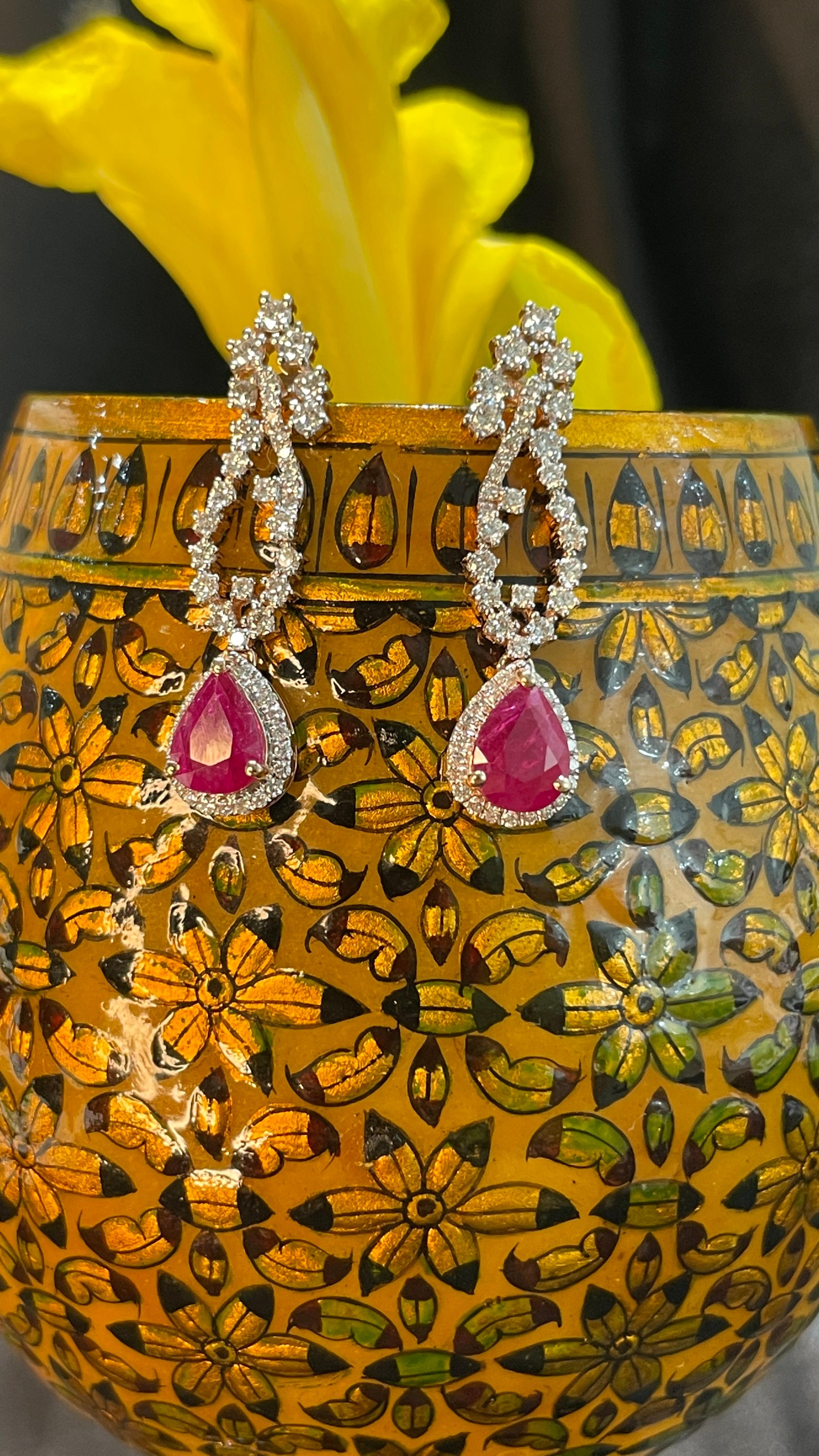 Pear Cut 2.51 Carat Ruby Pear Drop Dangle Earrings in 14K Rose Gold with Diamonds For Sale