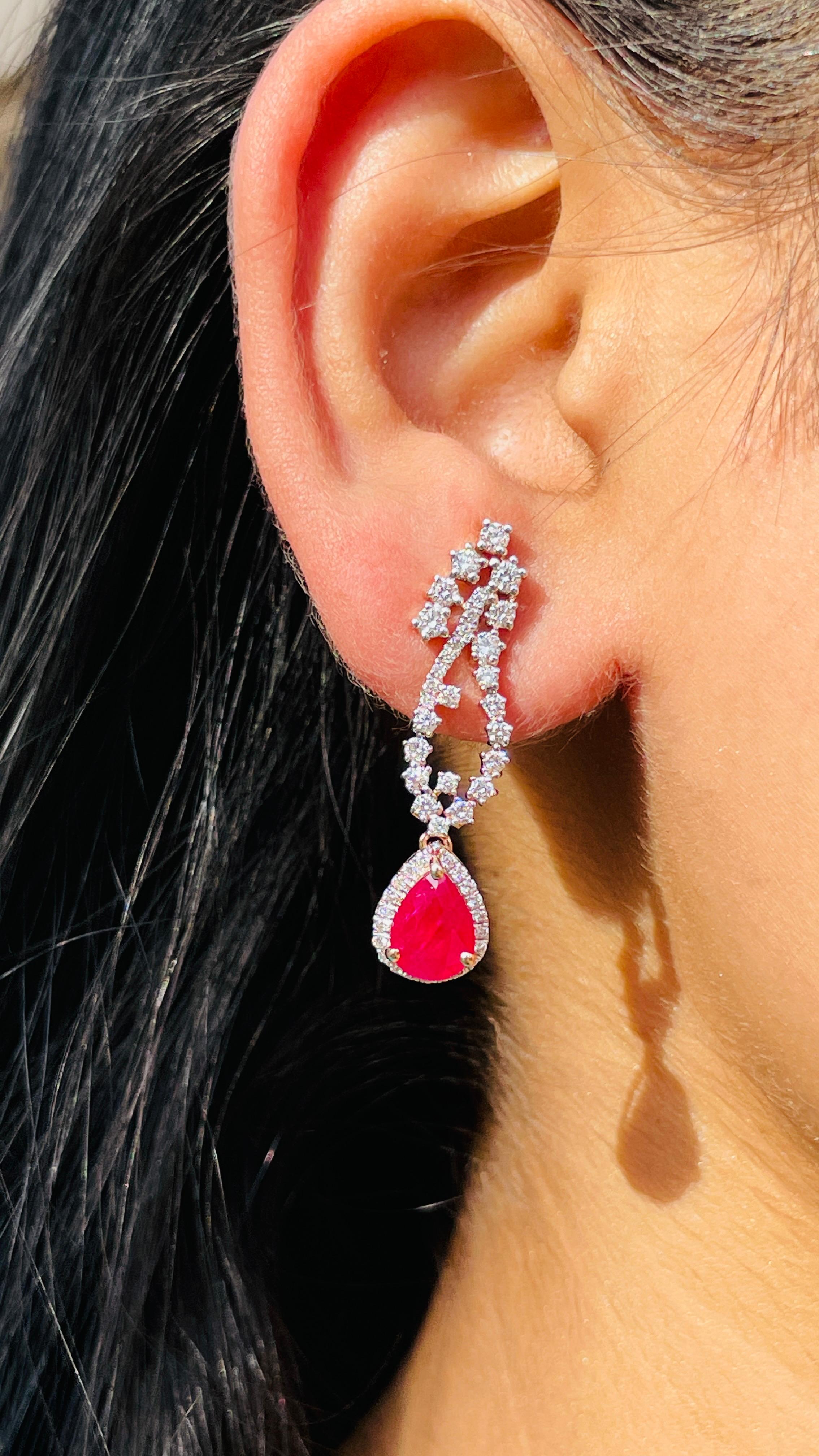 2.51 Carat Ruby Pear Drop Dangle Earrings in 14K Rose Gold with Diamonds In New Condition For Sale In Houston, TX