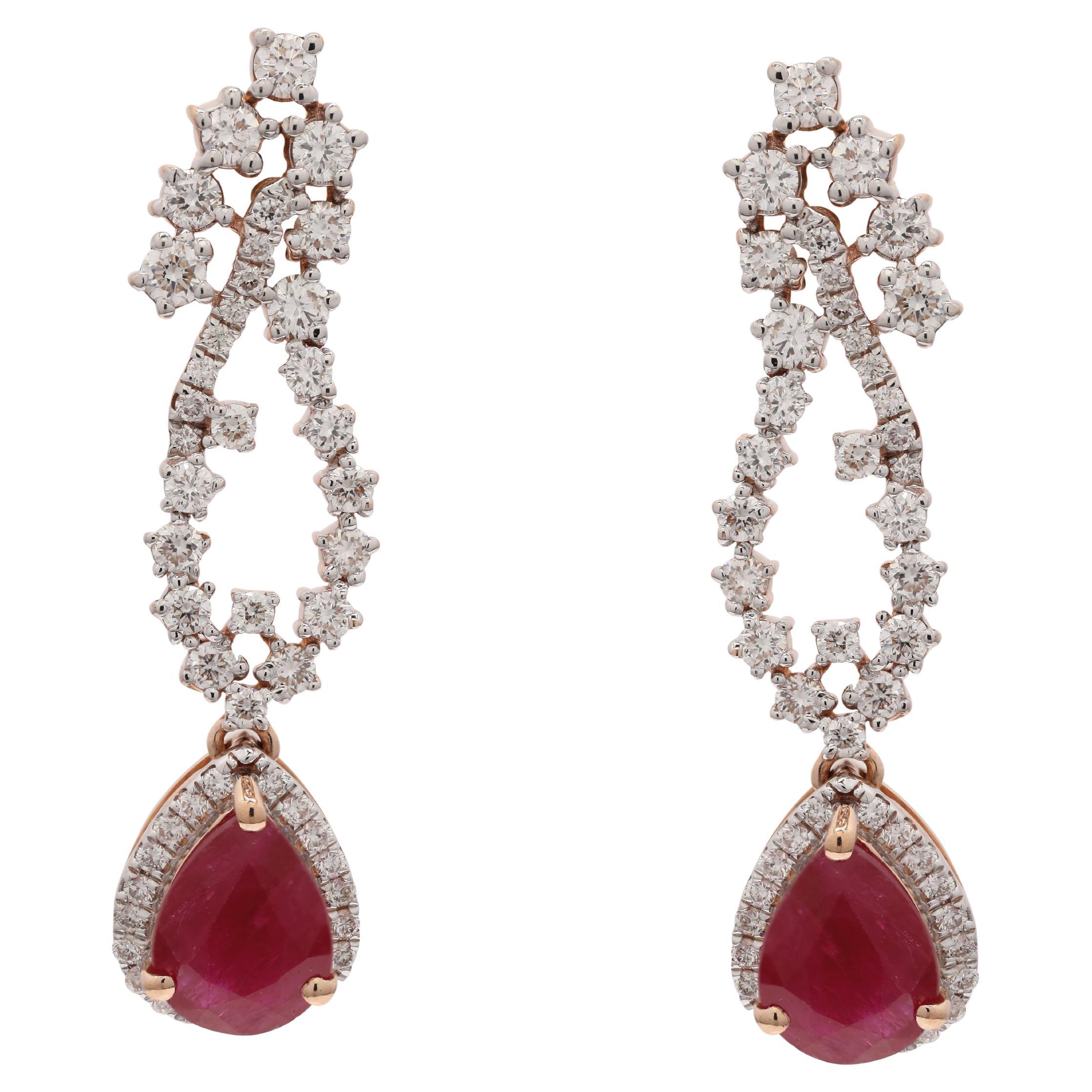 Pendants d'oreilles en goutte en or rose 14 carats avec diamants et rubis en forme de poire de 2,51 carats