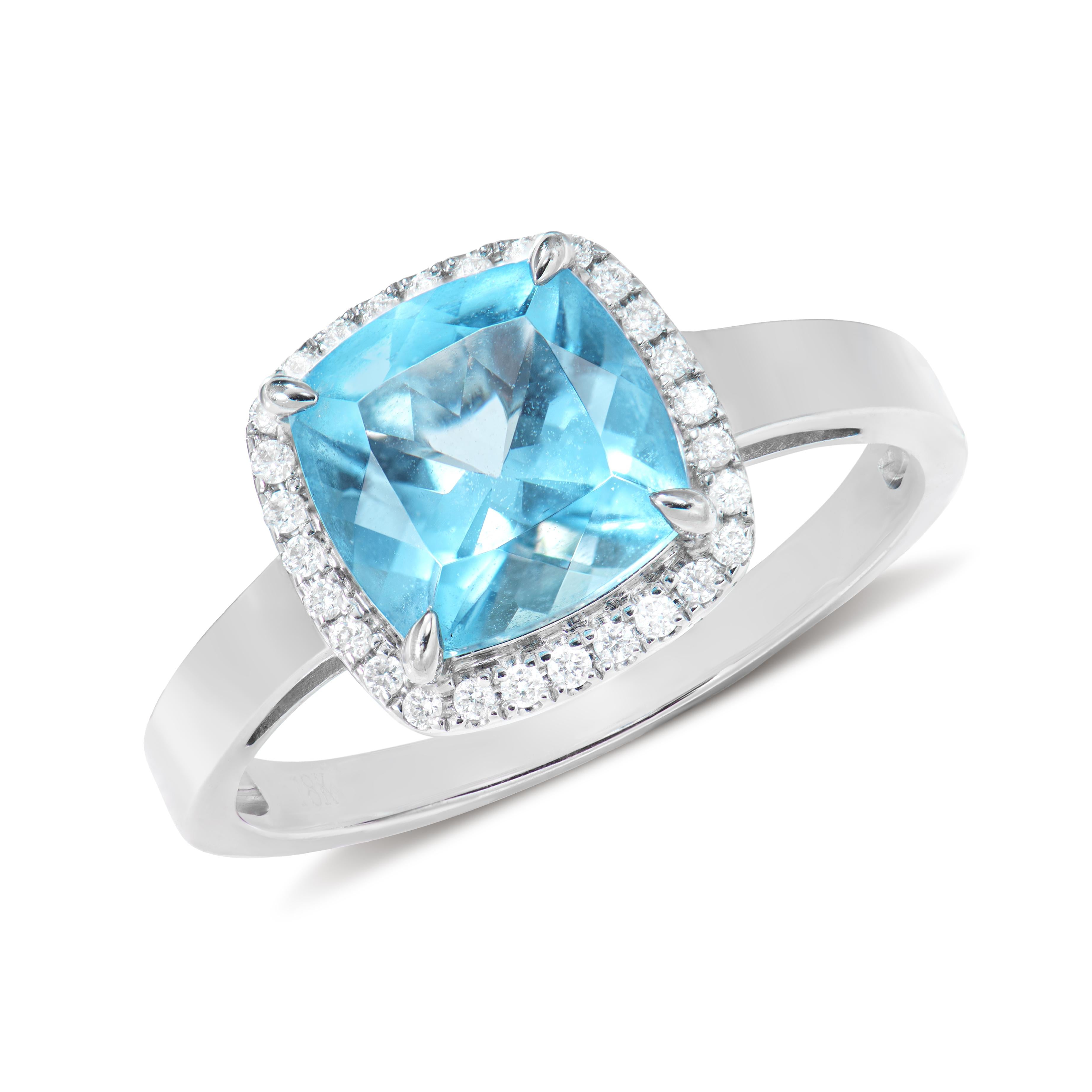 Cushion Cut 2.51 Carat Sky Blue Topaz Fancy Ring in 18Karat White Gold with White Diamond. For Sale