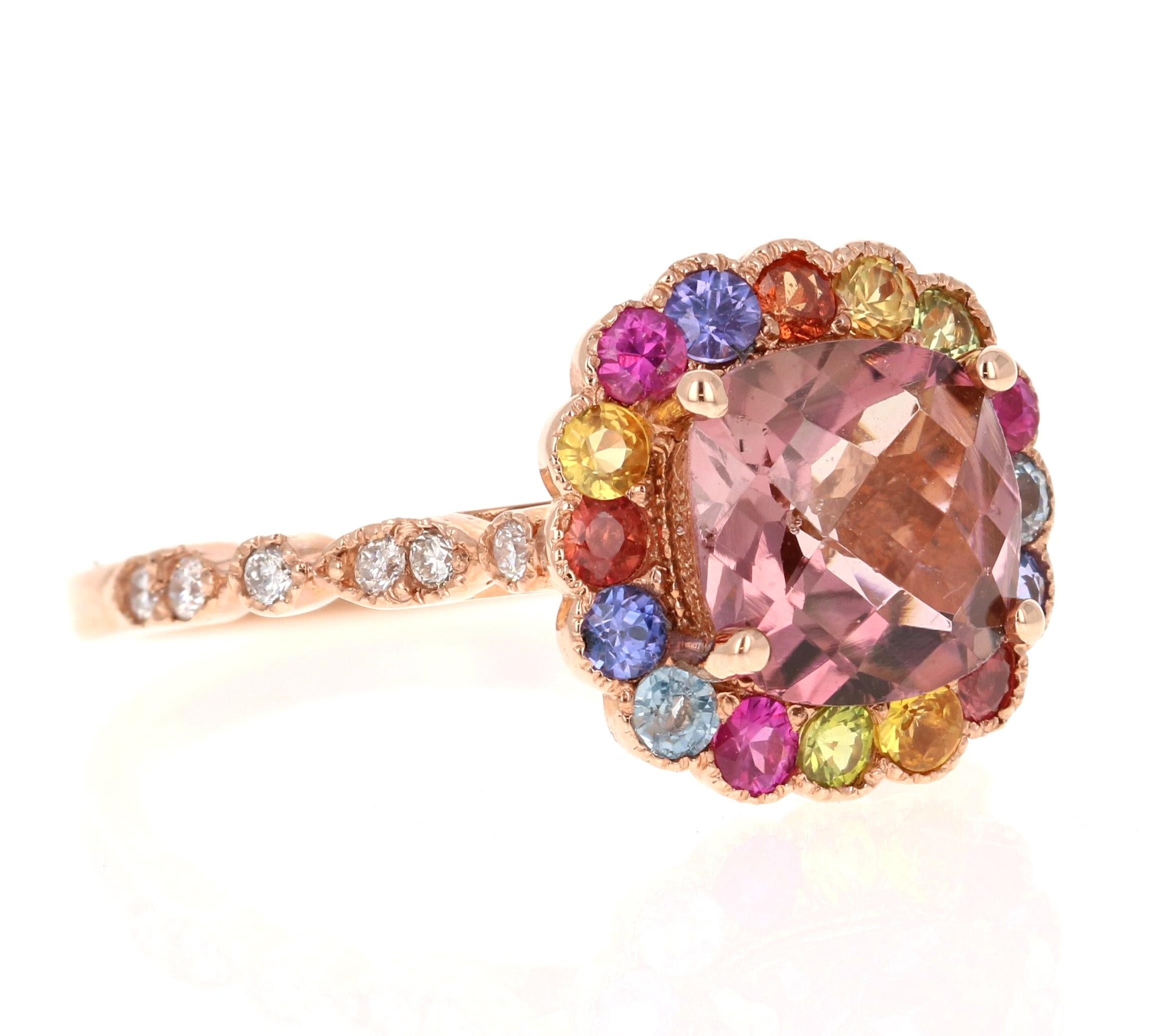 Contemporary 2.51 Carat Tourmaline Sapphire Diamond Rose Gold Cocktail Ring For Sale