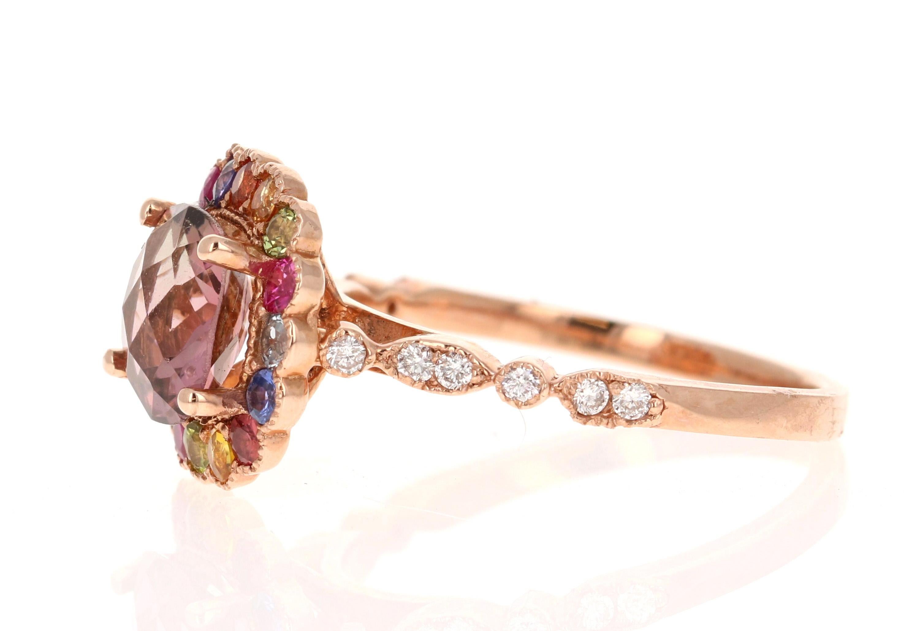 Round Cut 2.51 Carat Tourmaline Sapphire Diamond Rose Gold Cocktail Ring For Sale