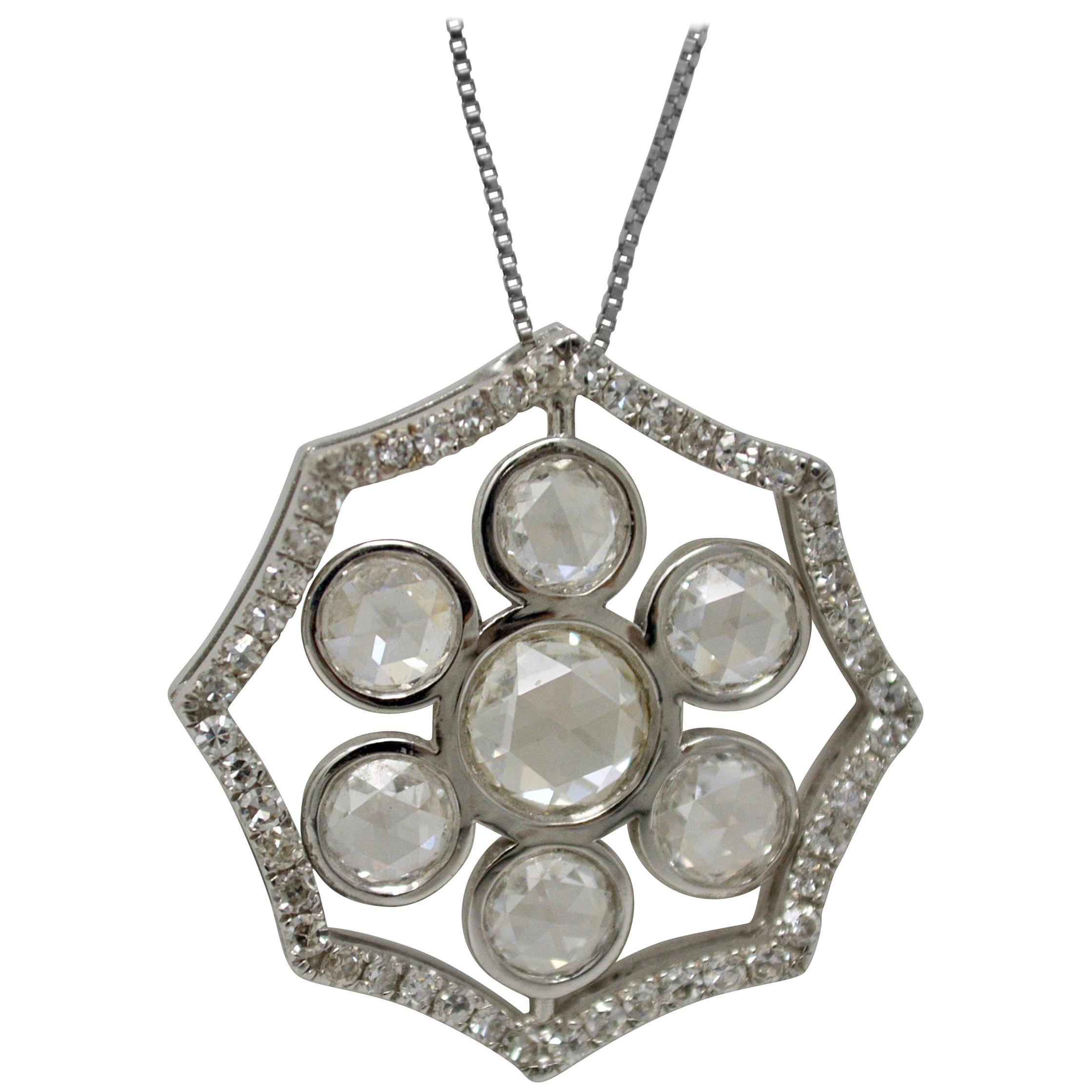 2.51 Carat White Rose Cut Diamond Necklace in 18 Karat White Gold For Sale