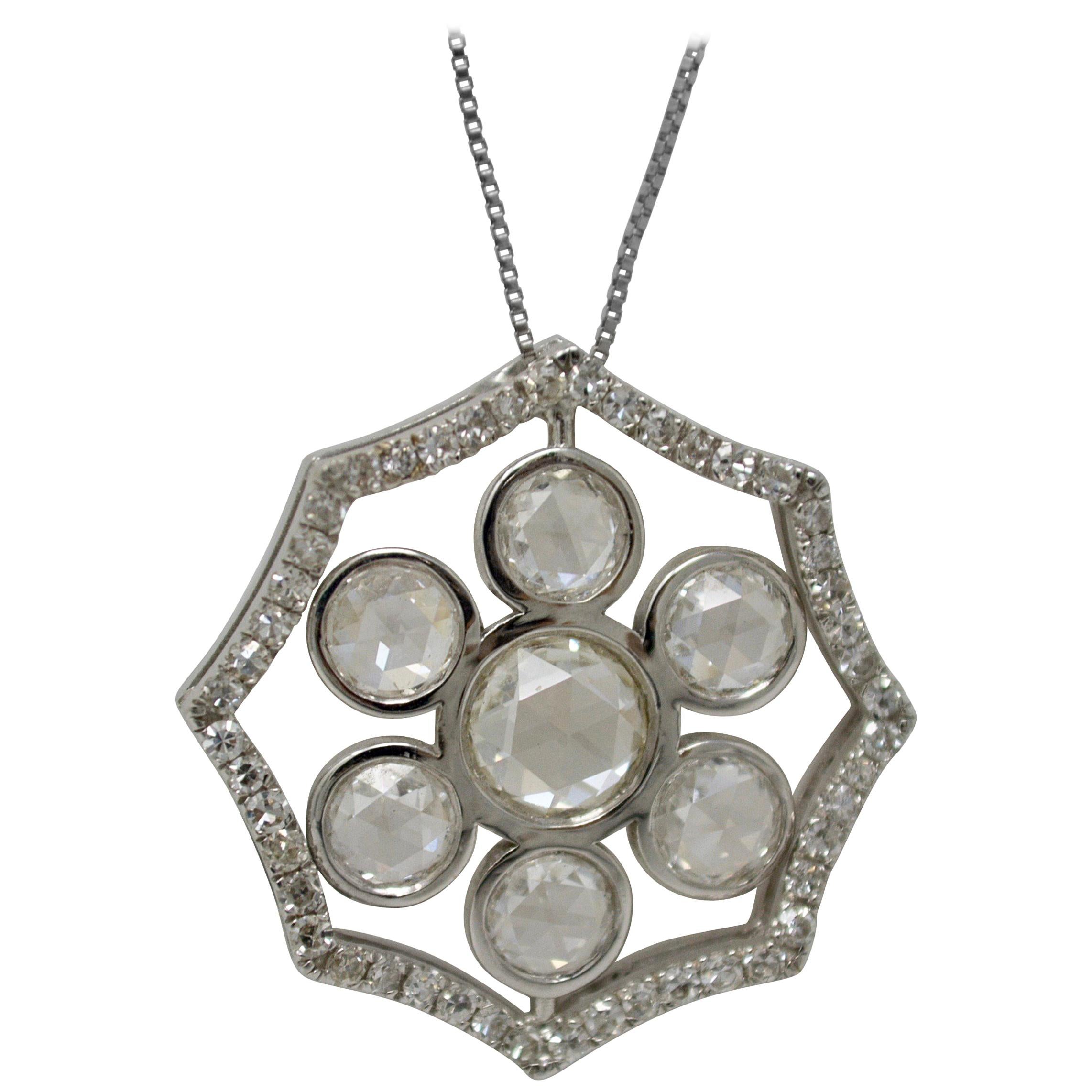 2.51 Carat White Rose Cut Diamond Necklace In 18K White Gold 