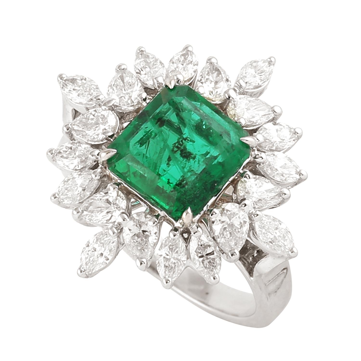 Artisan 2.51 Ct Zambian Emerald Cocktail Ring Accented with Diamonds in 18k White Gold For Sale