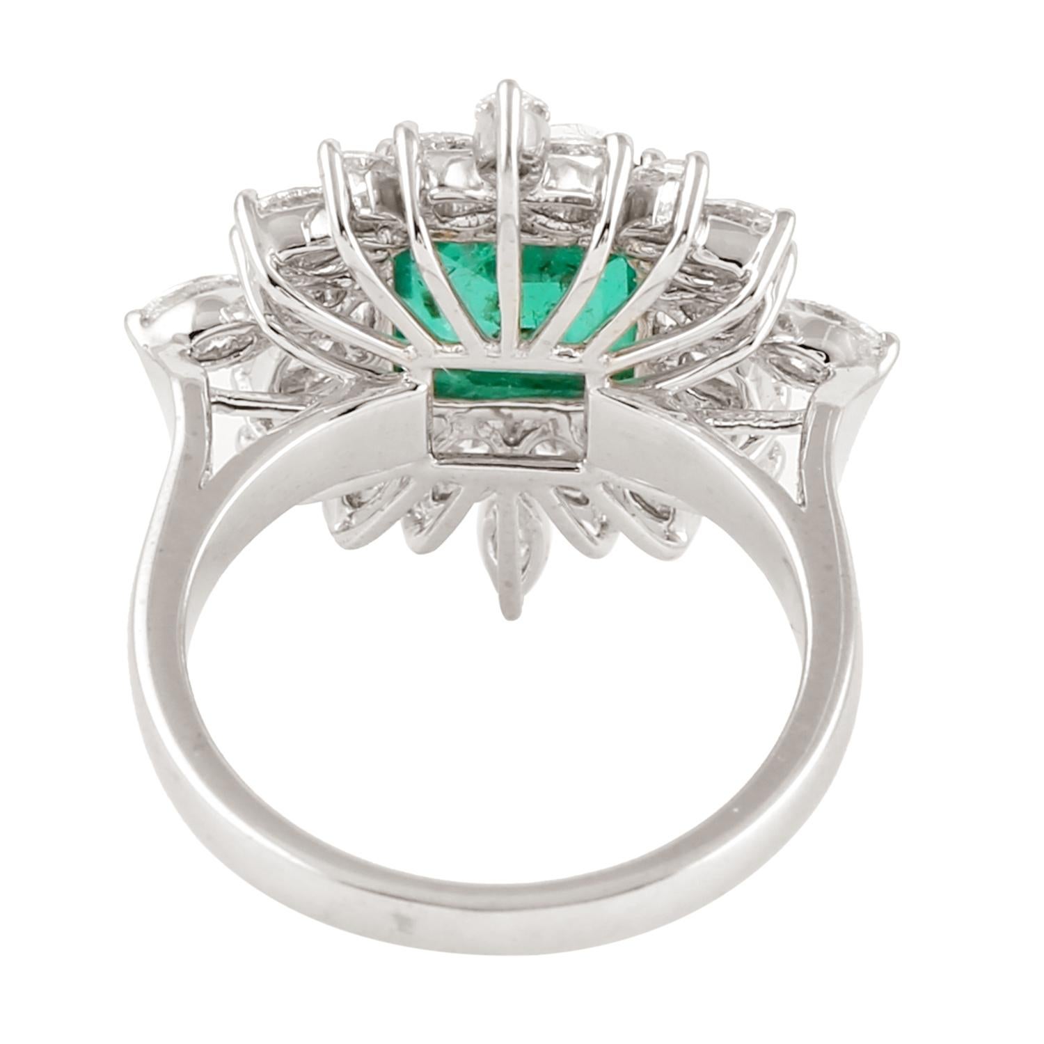 Mixed Cut 2.51 Ct Zambian Emerald Cocktail Ring Accented with Diamonds in 18k White Gold For Sale