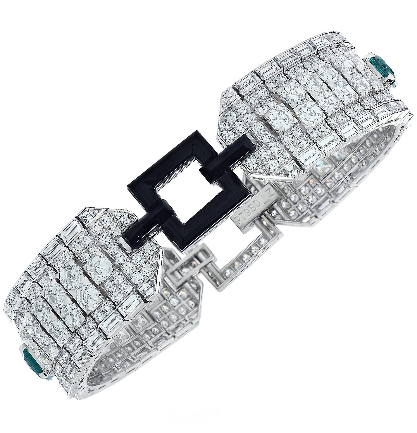 An extraordinary work of art, this captivating bracelet is meticulously handcrafted in platinum. It serves as a celestial canvas to an assemblage of 362 scintillating diamonds, collectively weighing approximately 25.12 carats total, F-G color,