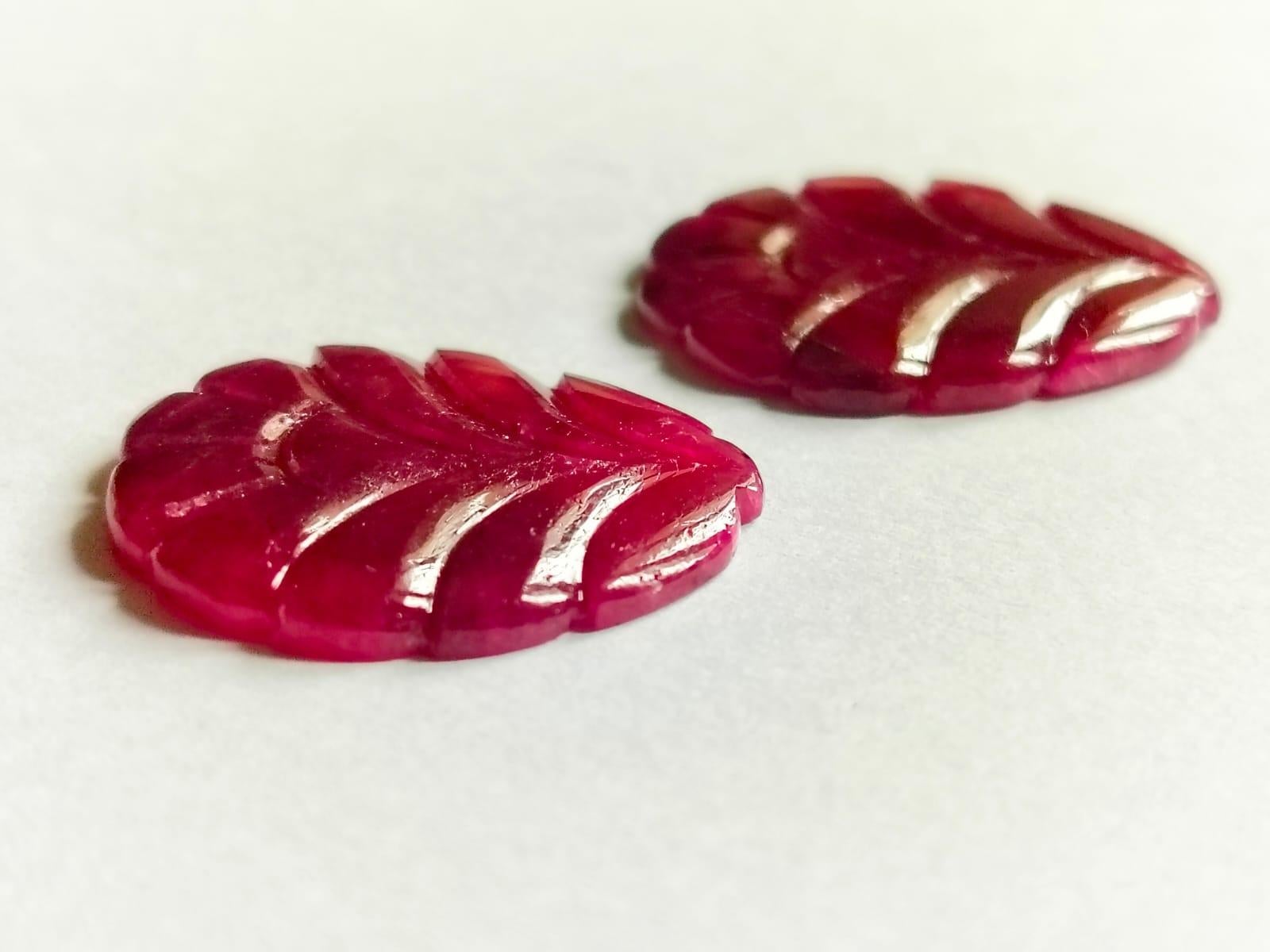 Art Deco 25.14 Carat Ruby Carving Leaf Shape Pair Loose Gemstone For Sale
