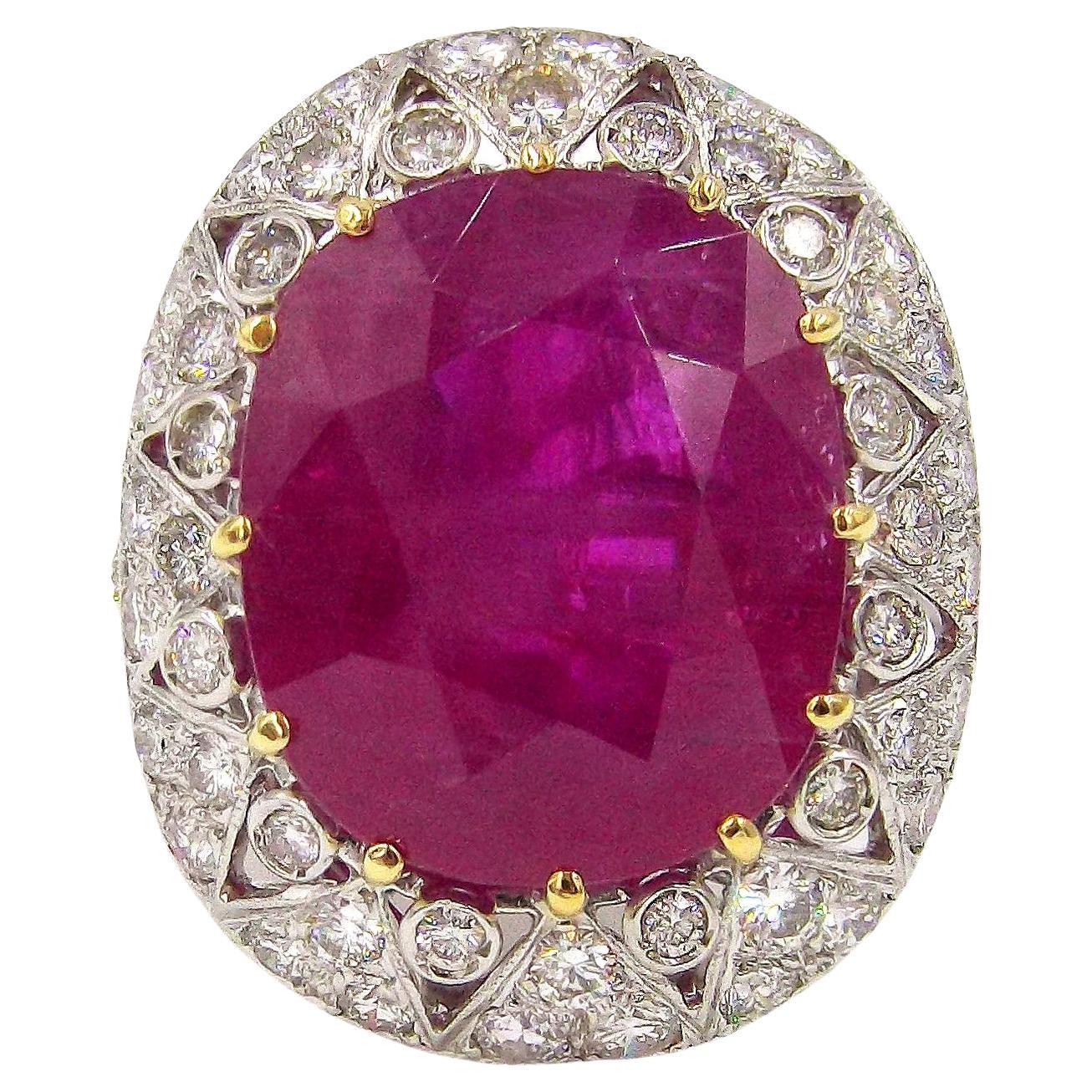 25.16ct Burma Ruby Diamond Platinum Ring SZ 6.25 AGL Certificate For Sale