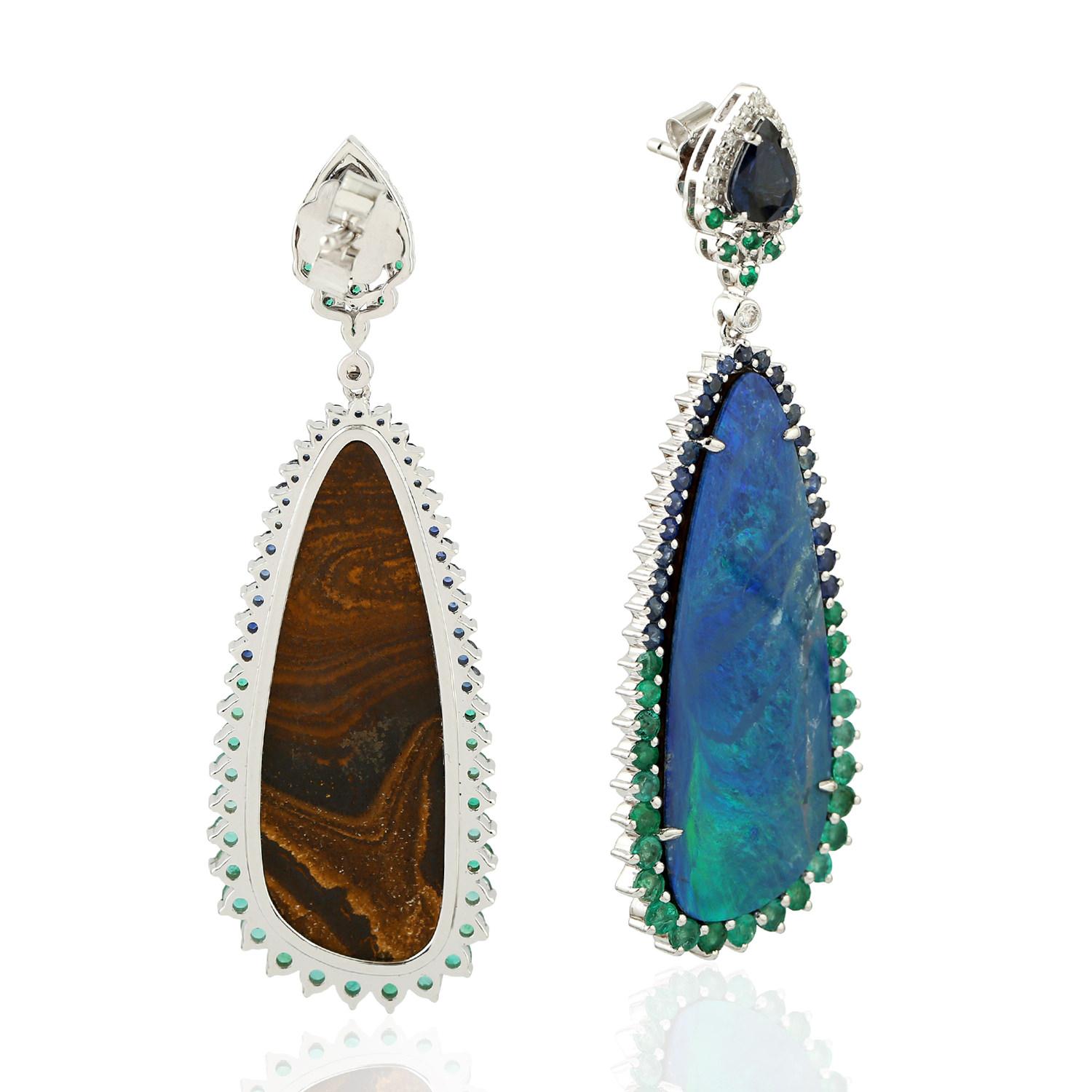 Contemporary 25.18 Carat Opal Emerald Diamond 18 Karat Gold Earrings For Sale