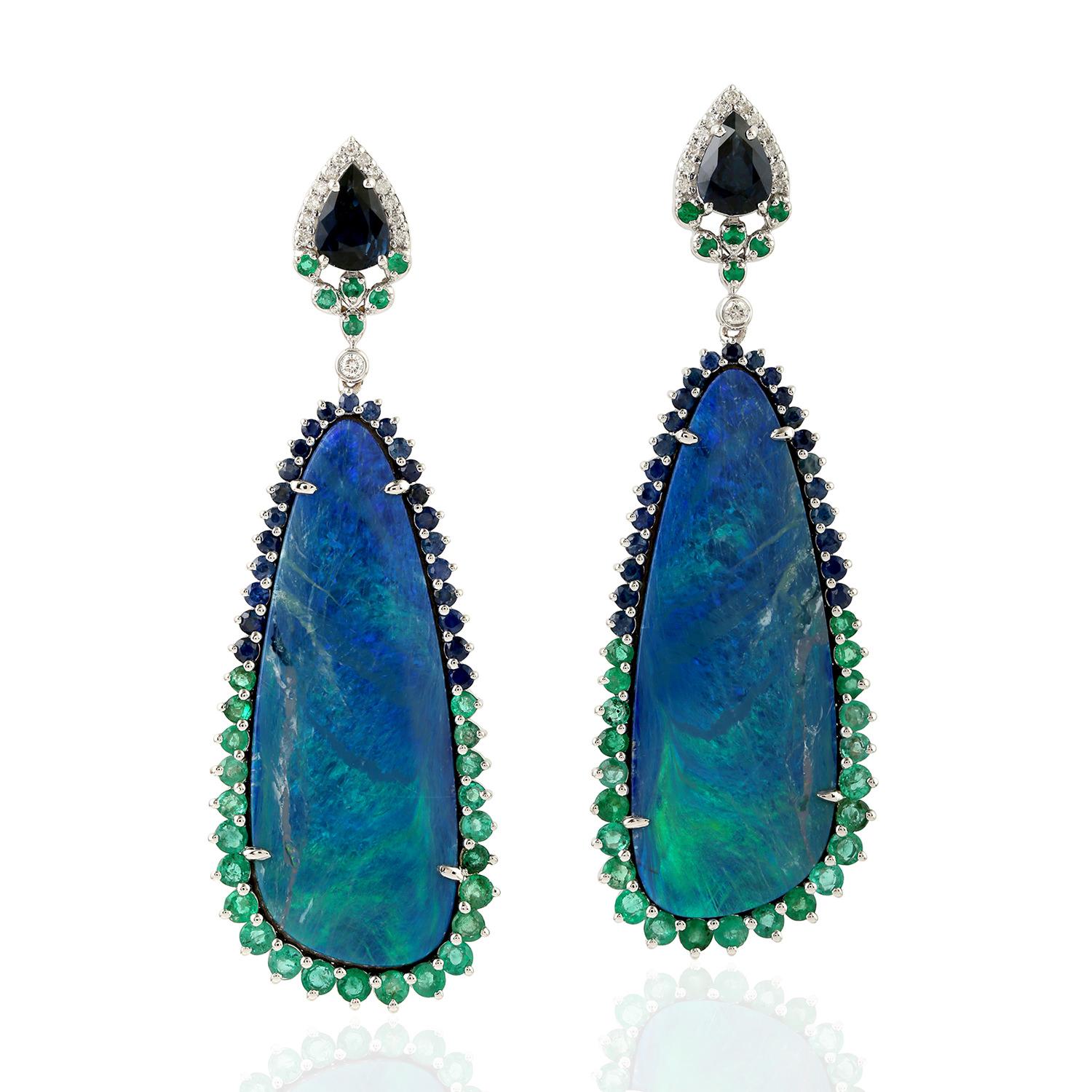 25.18 Carat Opal Emerald Diamond 18 Karat Gold Earrings For Sale at 1stDibs