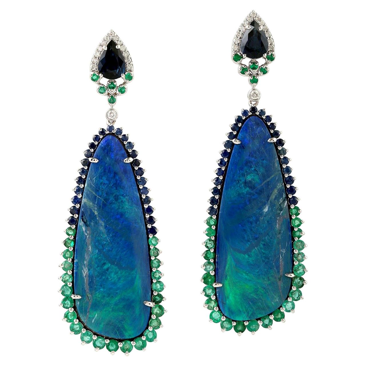 25.18 Carat Opal Emerald Diamond 18 Karat Gold Earrings