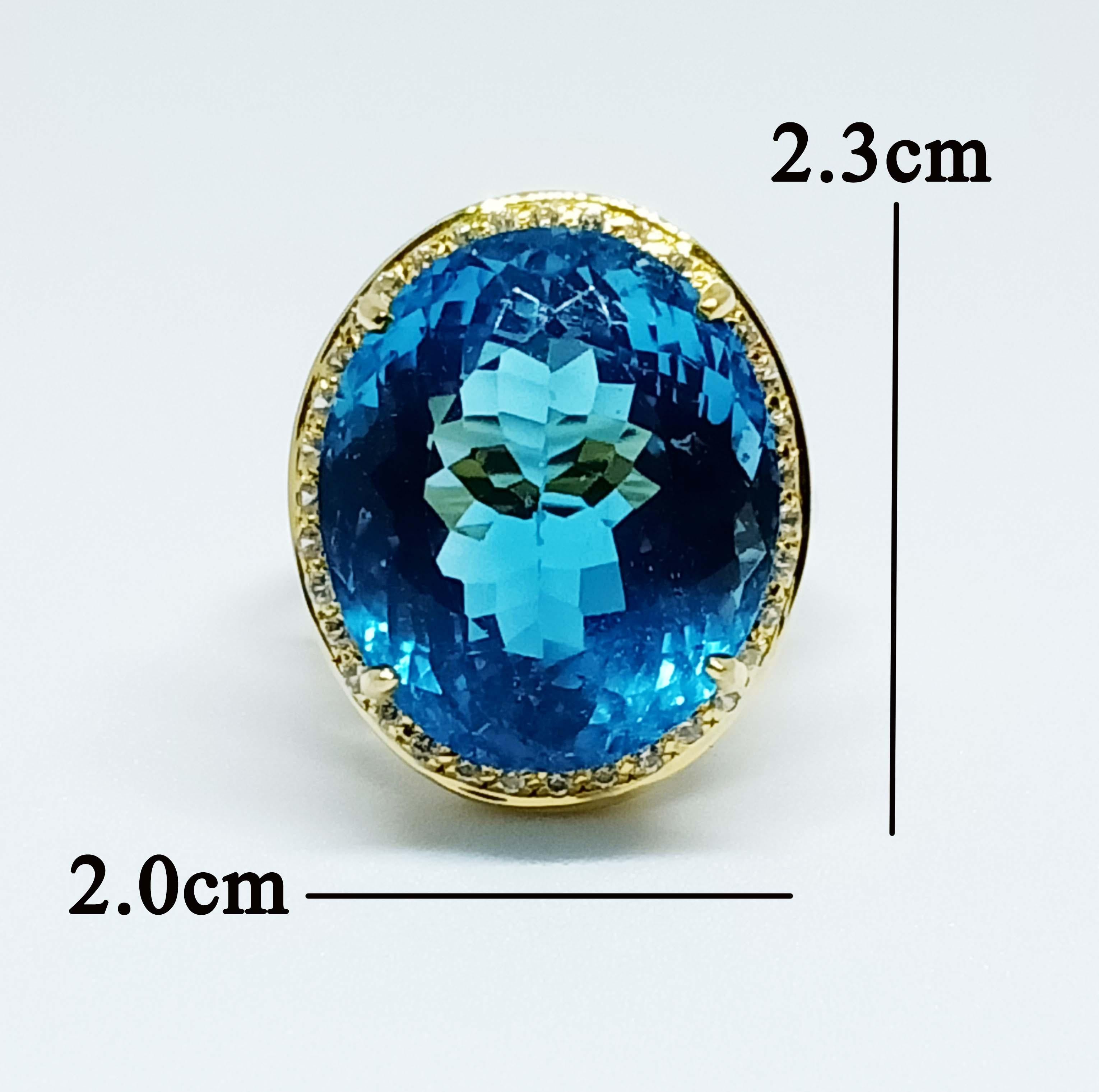 Swiss blue topaz Oval 20x17 mm.  25.19 cts
White Zircon RD. 1.25 mm. 35 pcs.
Sterling silver in 18K Gold Plated.
Size 7.25 us.