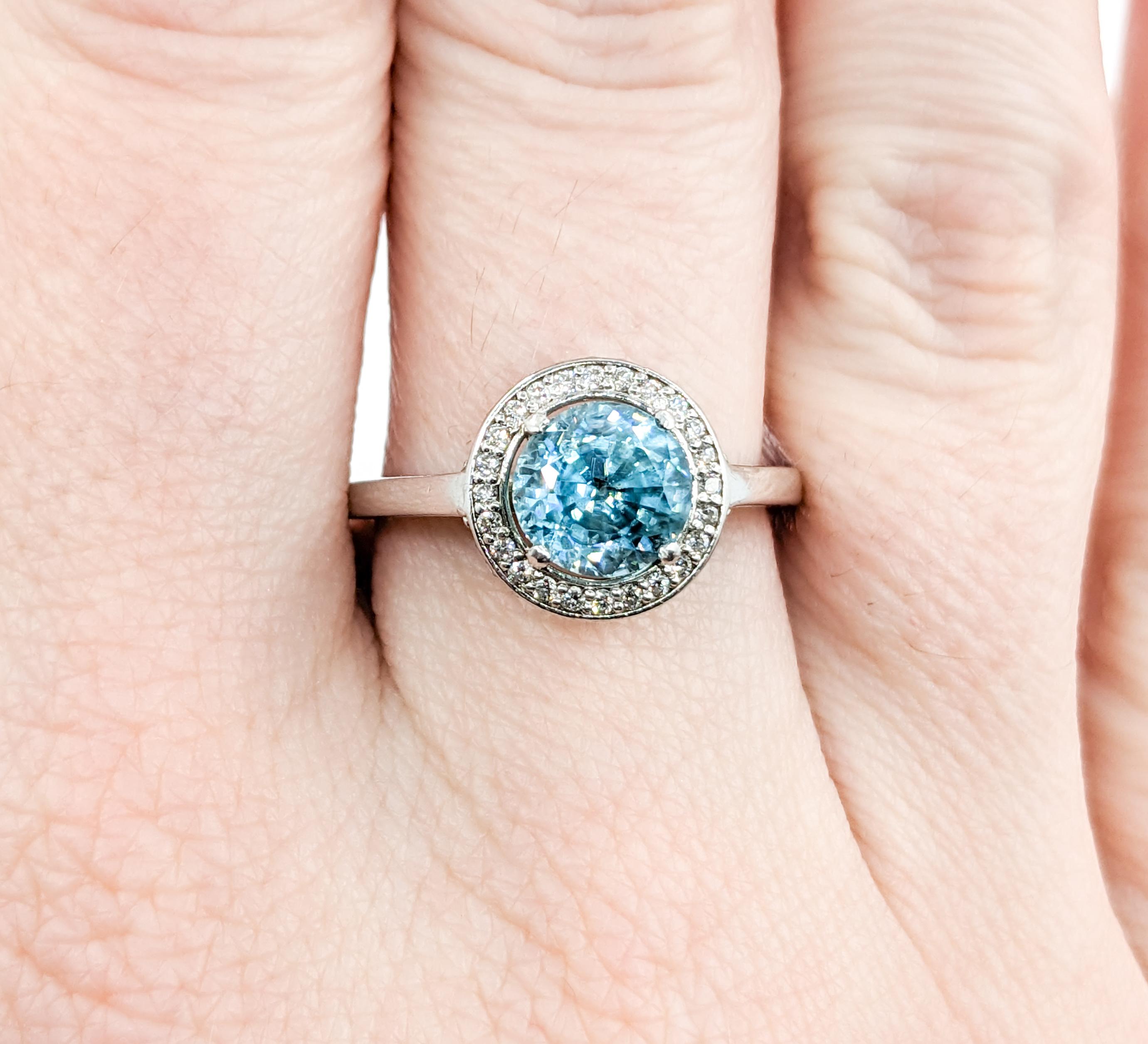 Round Cut 2.51ct Blue Zircon & Diamond Halo Ring In White Gold For Sale