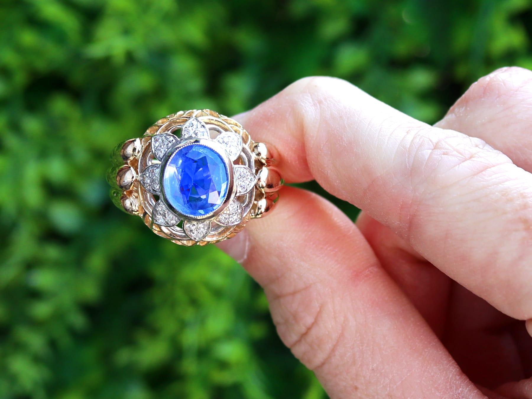A stunning, fine and impressive vintage French 2.51 carat Ceylon sapphire and 0.24 carat diamond, 18 karat yellow gold and platinum set dress ring; part of our fine collection of Ceylon sapphires.

This stunning, fine and impressive sapphire and