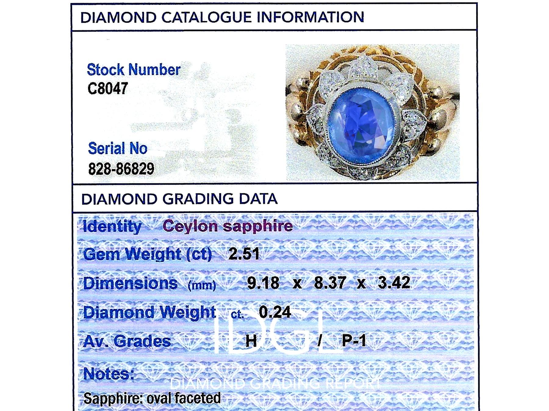 2.51ct Ceylon Sapphire and 0.24ct Diamond 18k Yellow Gold Platinum Dress Ring For Sale 1