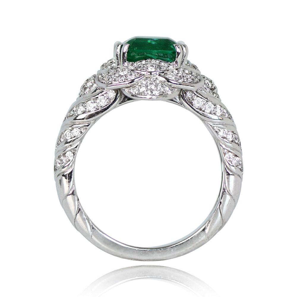 Art Deco 2.51ct Emerald Cut Natural Zambian Emerald Engagement Ring, 18k White Gold For Sale
