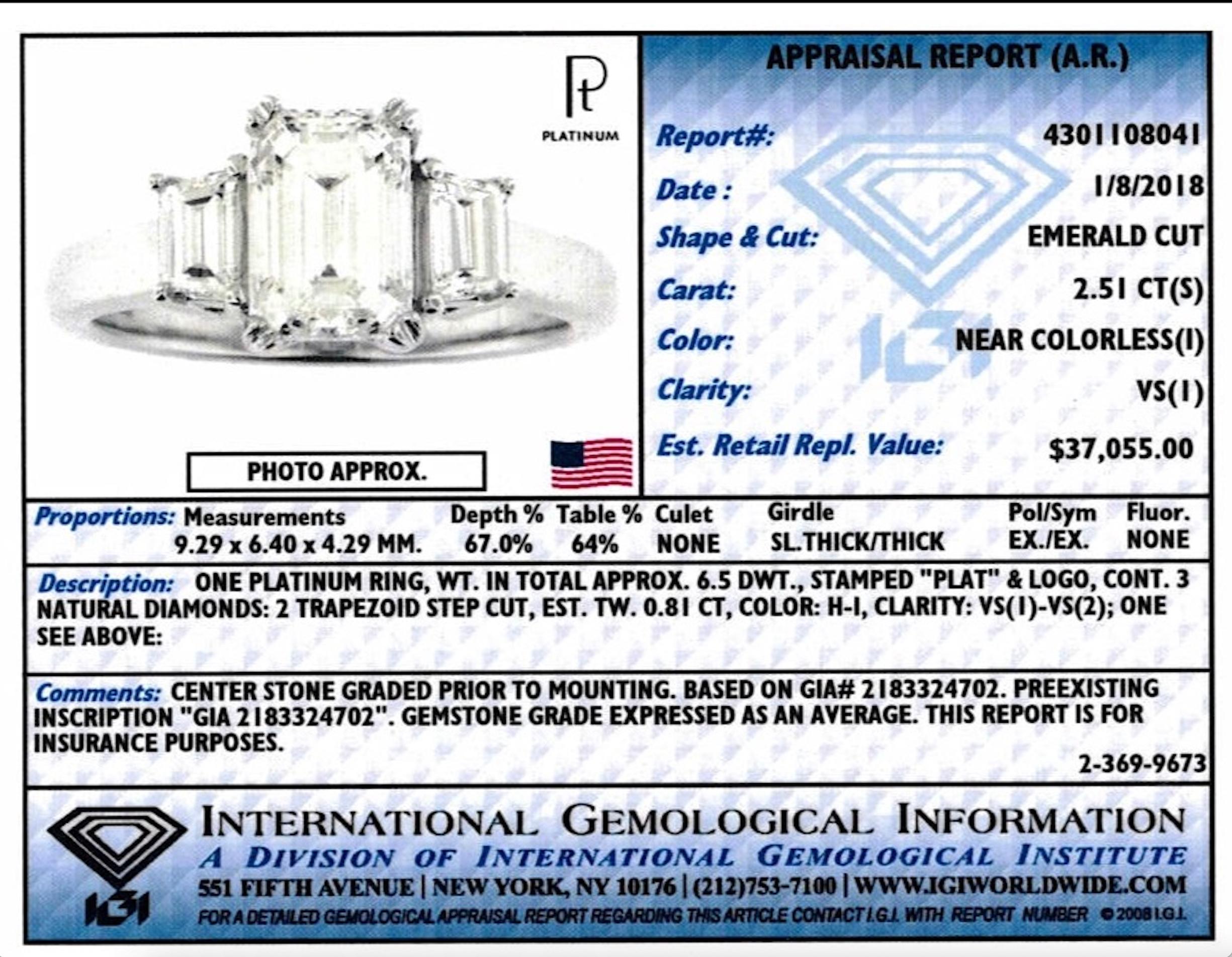 2.51ct. Emerald Cut Three Stone Diamond Engagement Ring I VS1 in Platinum 7