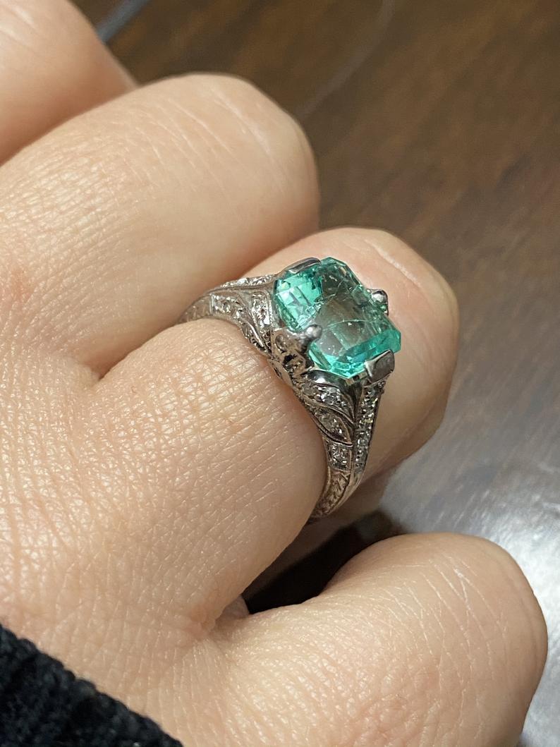 Emerald Cut 2.52 Carat Art Deco Colombian Emerald and Diamond Engagement Ring