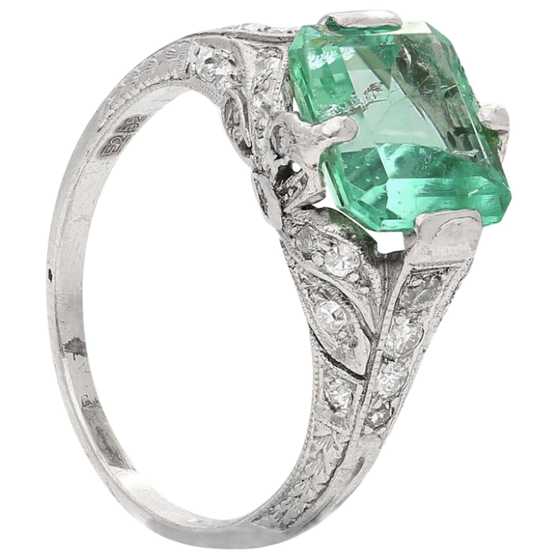 2.52 Carat Art Deco Colombian Emerald and Diamond Engagement Ring