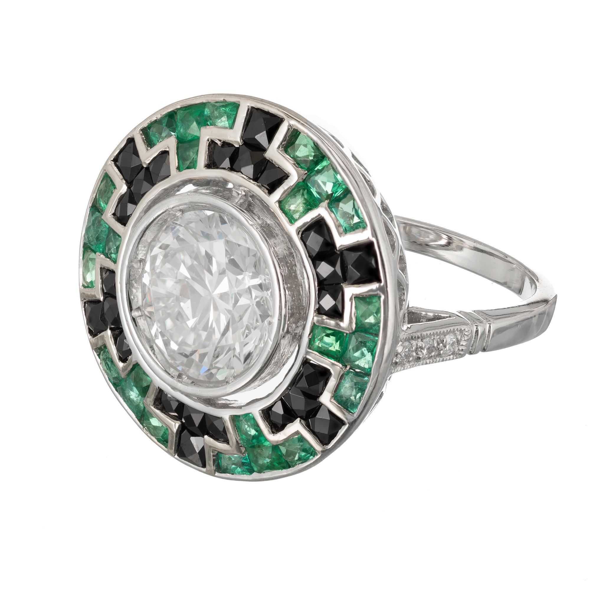 Diamond Emerald Onyx Mosaic Platinum Engagement Ring. GIA certified center Transitional brilliant cut diamond in a Calibré cut genuine emerald and black Onyx ring in a Platinum setting. 

1 round diamond, approx. total weight 2.52cts, K, VS2, 58%