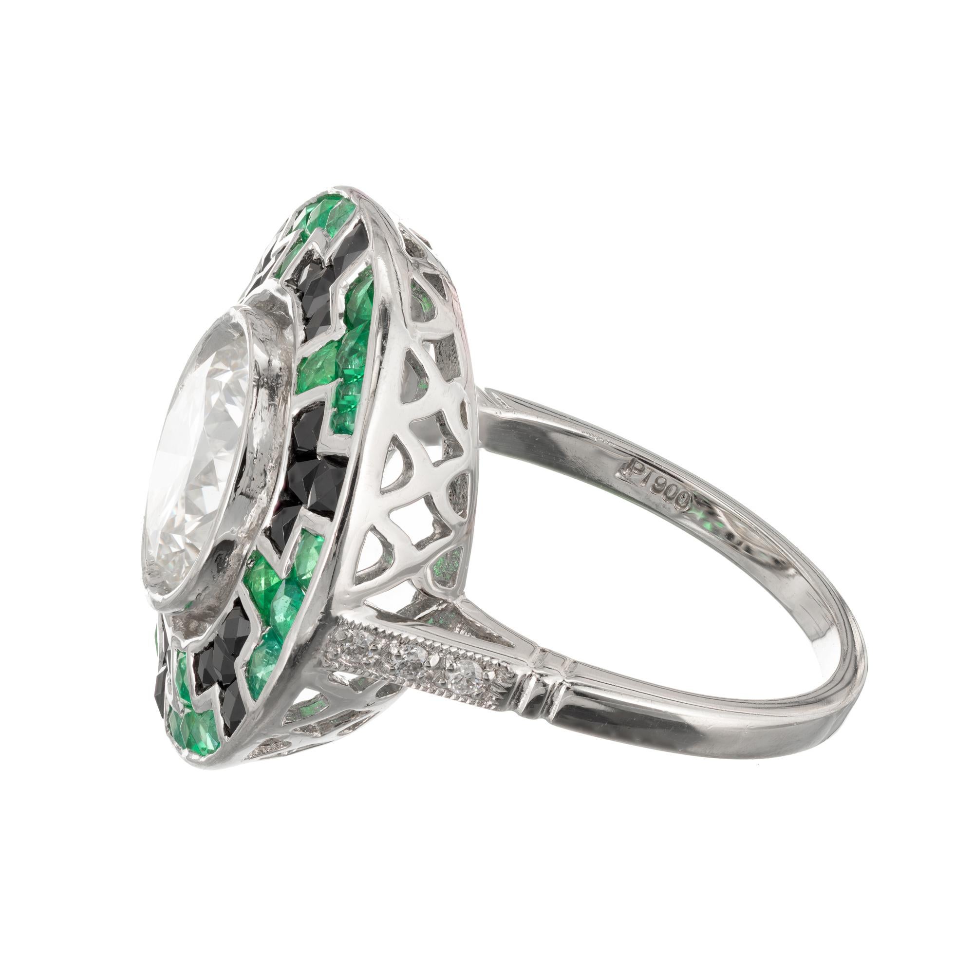 2.52 Carat Diamond Emerald Onyx Platinum Engagement Ring For Sale 1
