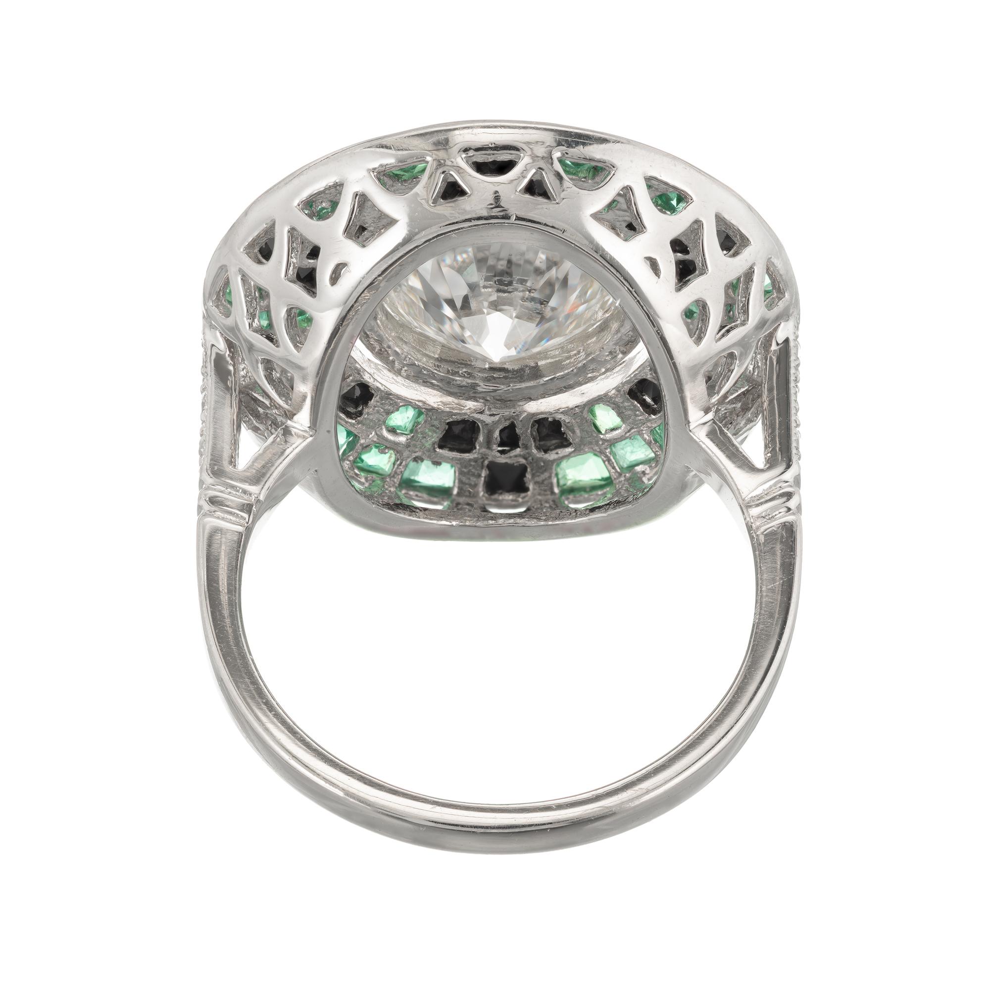 2.52 Carat Diamond Emerald Onyx Platinum Engagement Ring For Sale 2