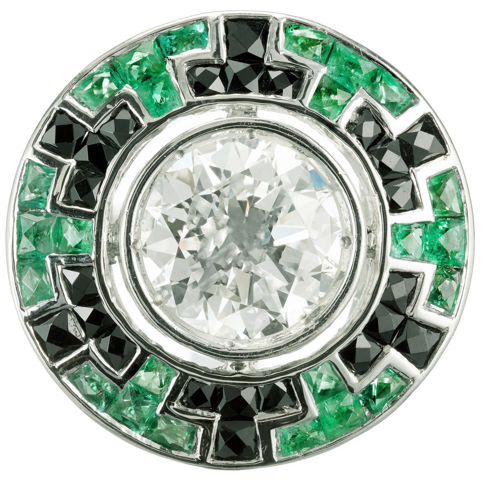 2,52 Karat Diamant Smaragd Onyx Platin Verlobungsring