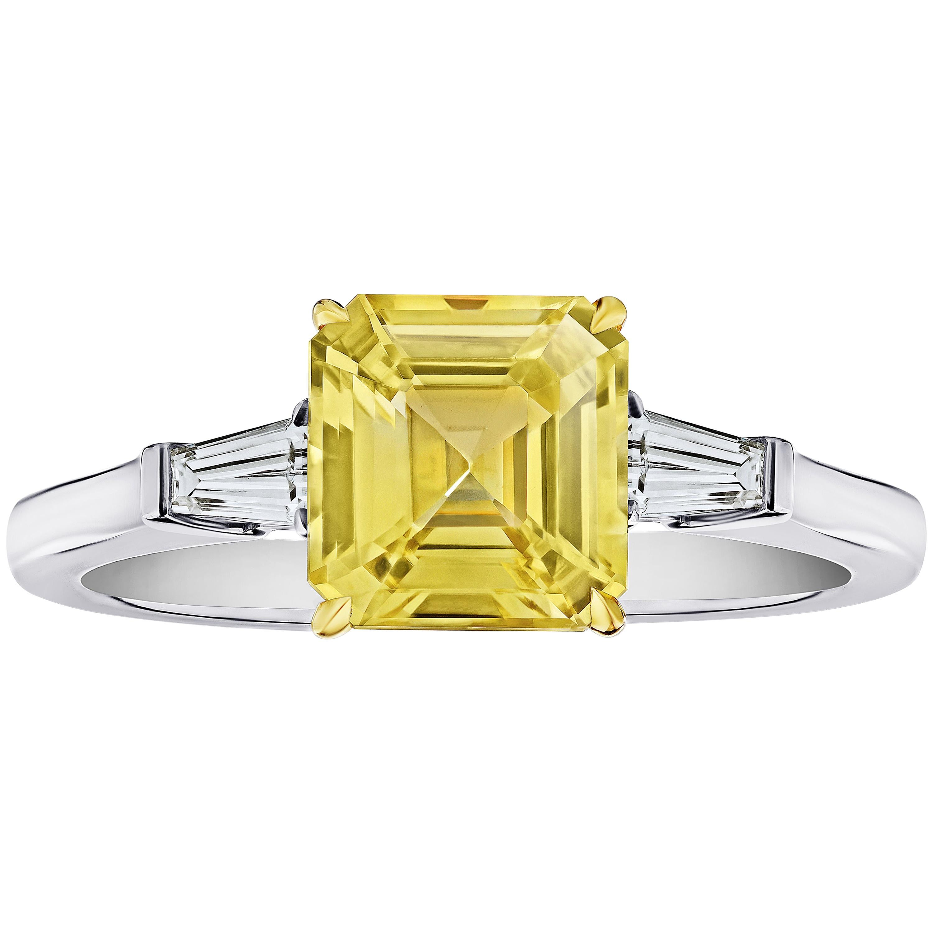 2.52 Carat Emerald Cut Yellow Sapphire and Diamond Ring For Sale