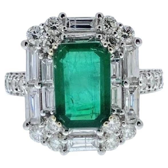 2.52 Carat Emerald  Shape Green Emerald & Diamond Rings In 18k White Gold  For Sale