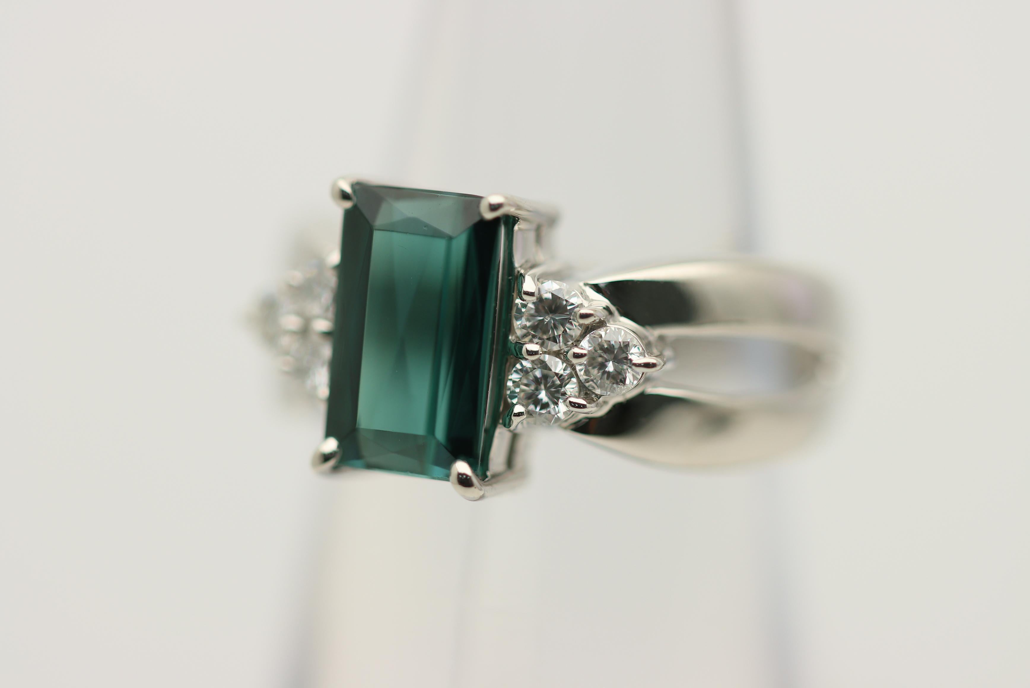 Emerald Cut 2.52 Carat Indicolite Tourmaline Diamond Split-Band Platinum Ring For Sale