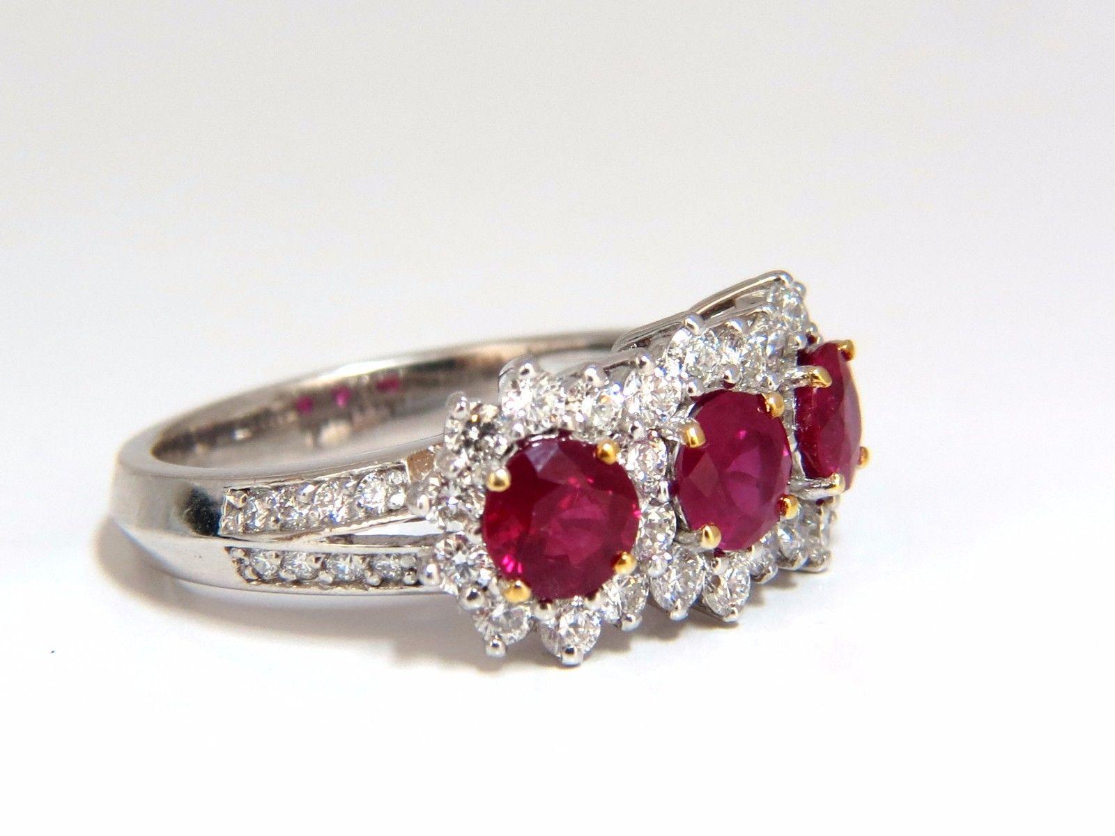 Women's or Men's 2.52 Carat Natural Vivid Red Ruby Diamonds Ring 14 Karat Three-Stone Halo Class For Sale