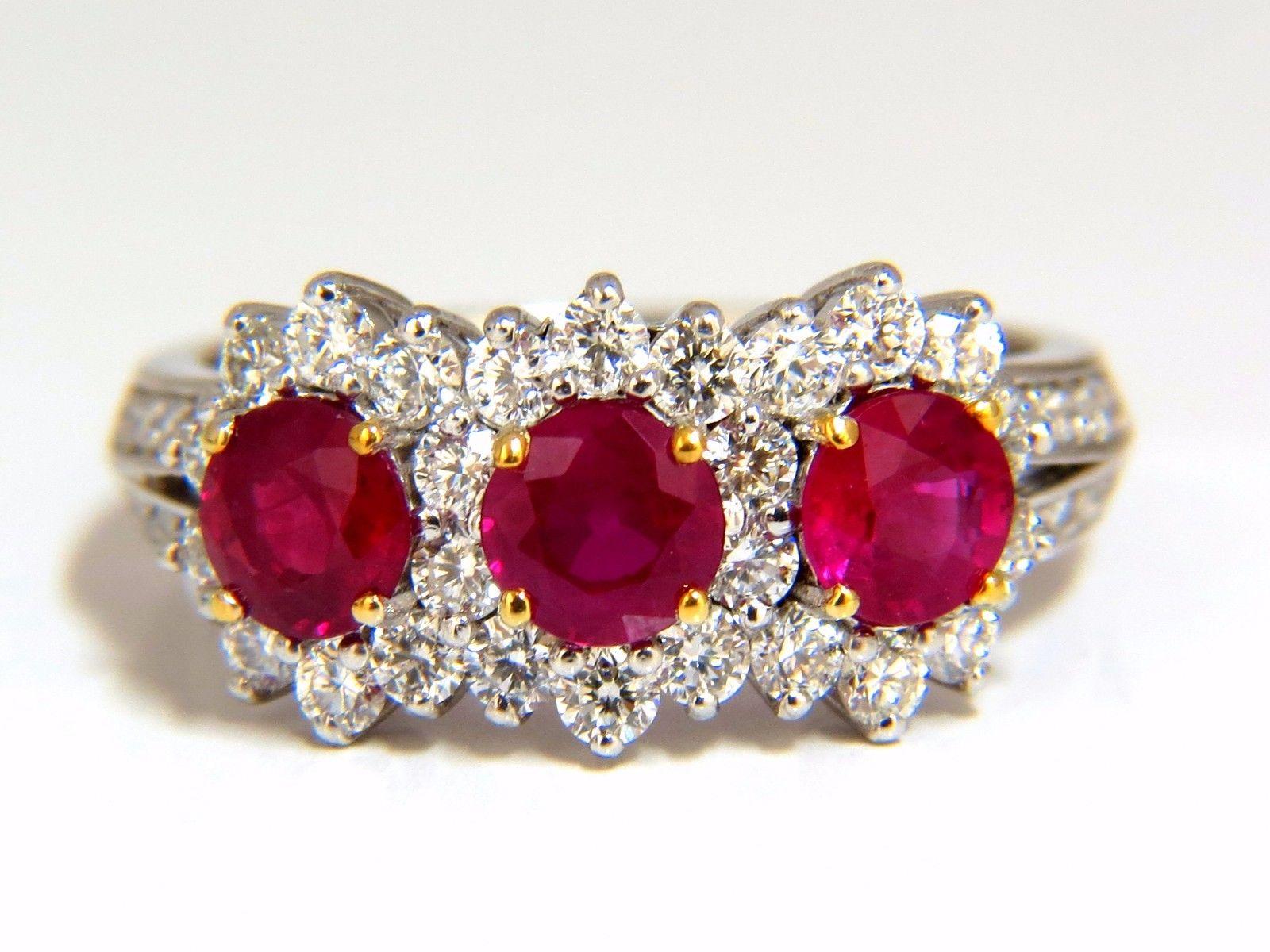 2.52 Carat Natural Vivid Red Ruby Diamonds Ring 14 Karat Three-Stone Halo Class For Sale 1