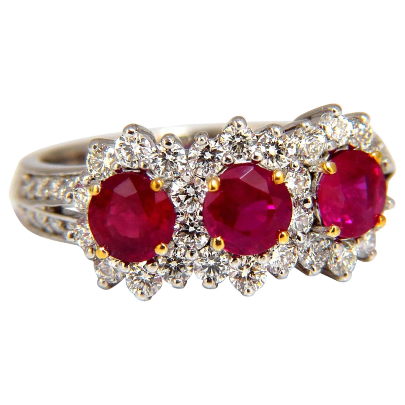 2.52 Carat Natural Vivid Red Ruby Diamonds Ring 14 Karat Three-Stone Halo Class For Sale