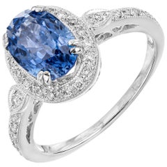 GIA 2.47 Carat Oval Sapphire Diamond Halo White Gold Engagement Ring GIA