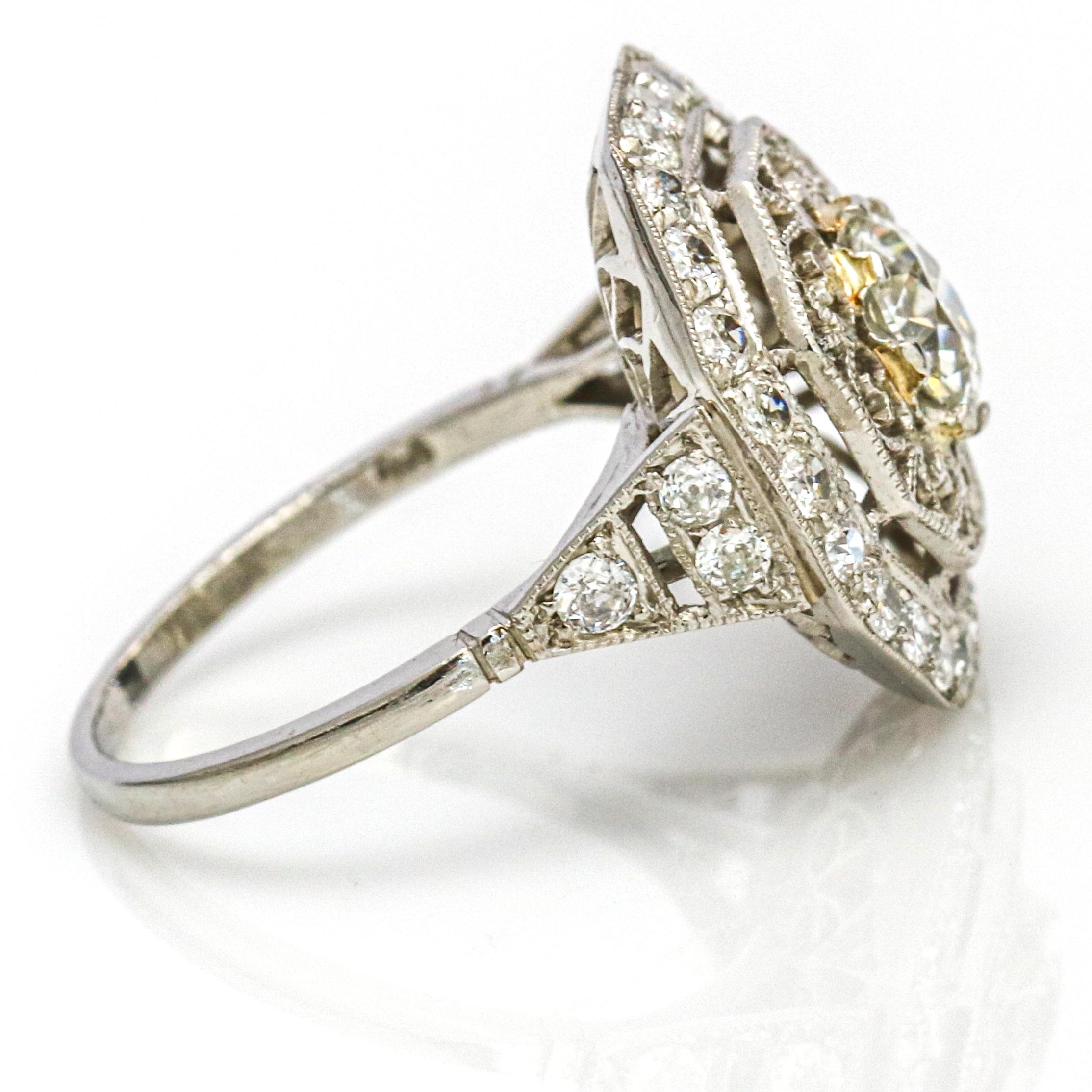 Old Mine Cut 2.52 Carat Platinum Diamond Art Deco Octagon Engagement Ring For Sale