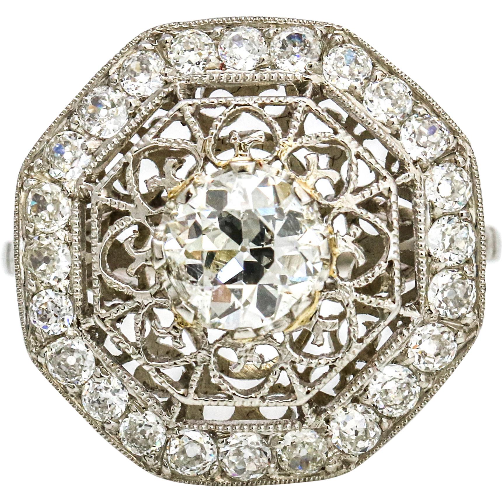 2.52 Carat Platinum Diamond Art Deco Octagon Engagement Ring For Sale