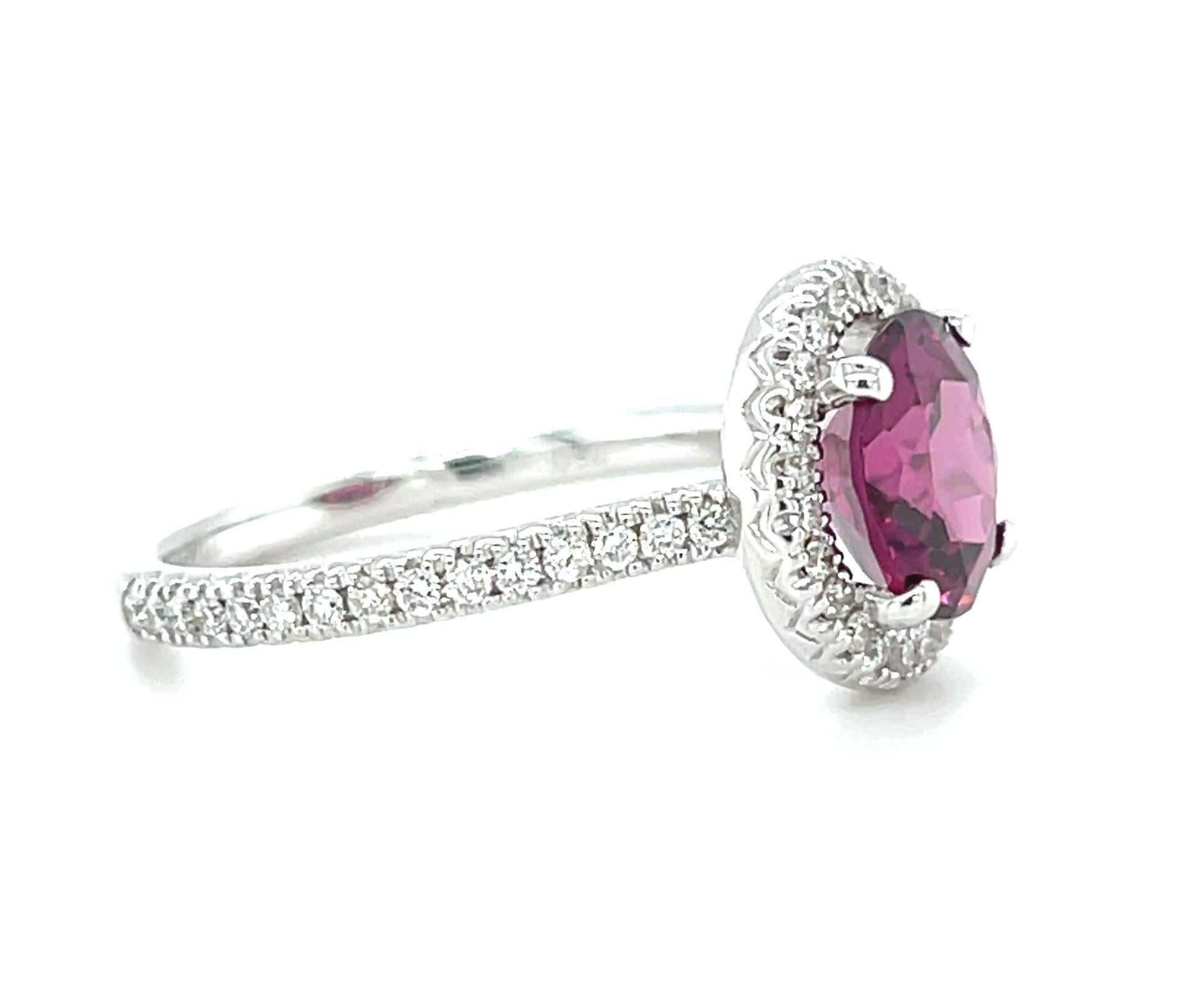 Round Cut 2.52 Carat Rhodolite Garnet Diamond Halo White Gold Cocktail Ring